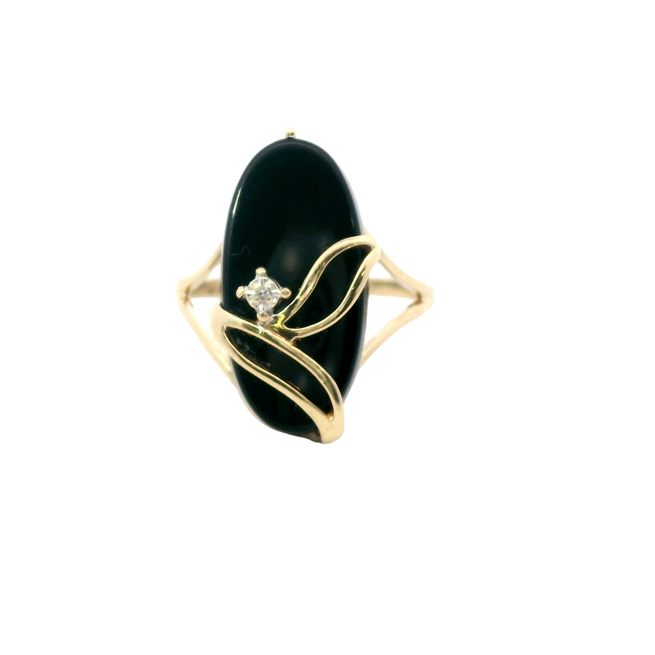 Estate Collection: 10K Yellow Gold Oval Dainty Black Onyx & Diamond Ring