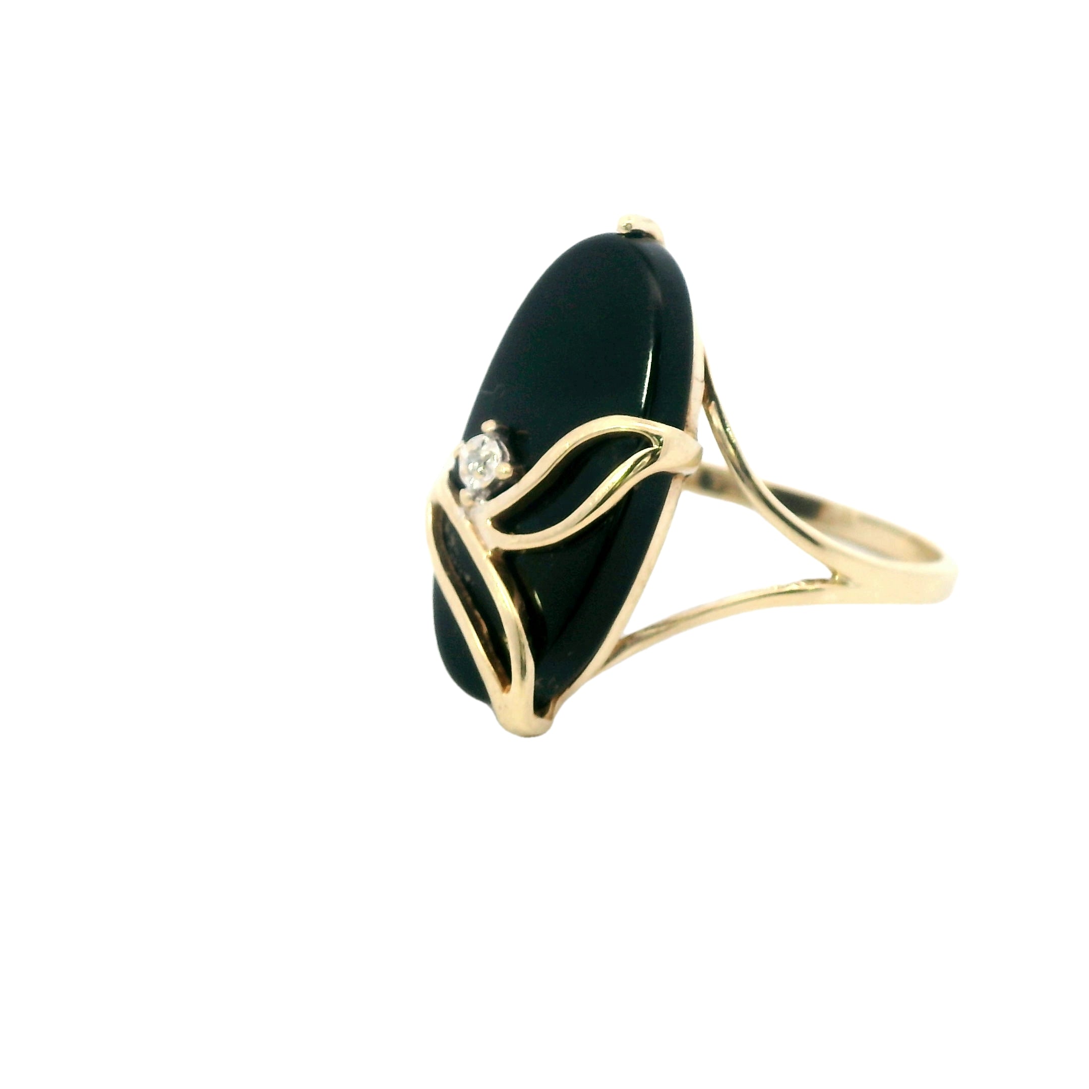 Estate Collection: 10K Yellow Gold Oval Dainty Black Onyx & Diamond Ring