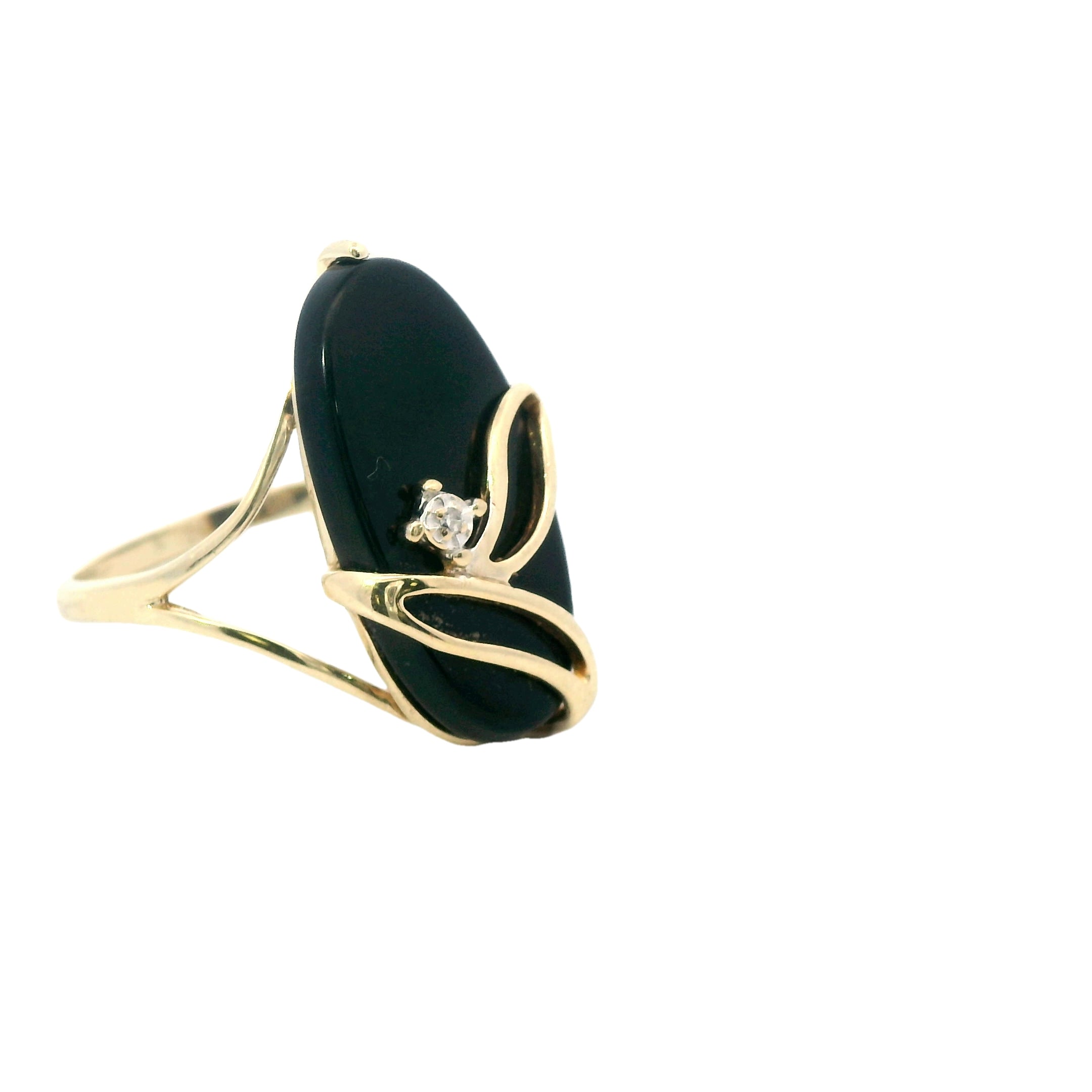 Estate Collection: 10K Yellow Gold Oval Dainty Black Onyx & Diamond Ring