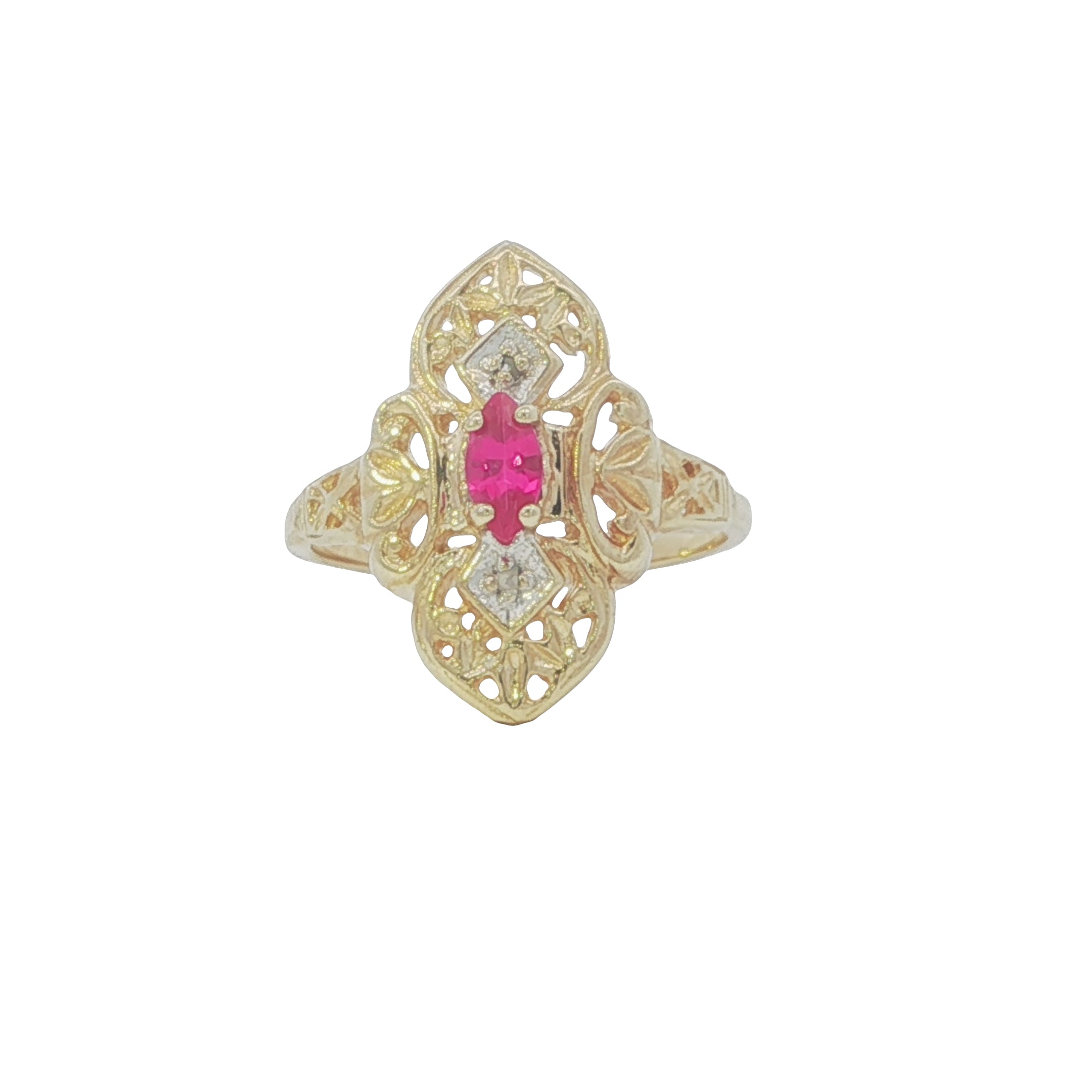 Gold ring with a pink gemstone on a white background