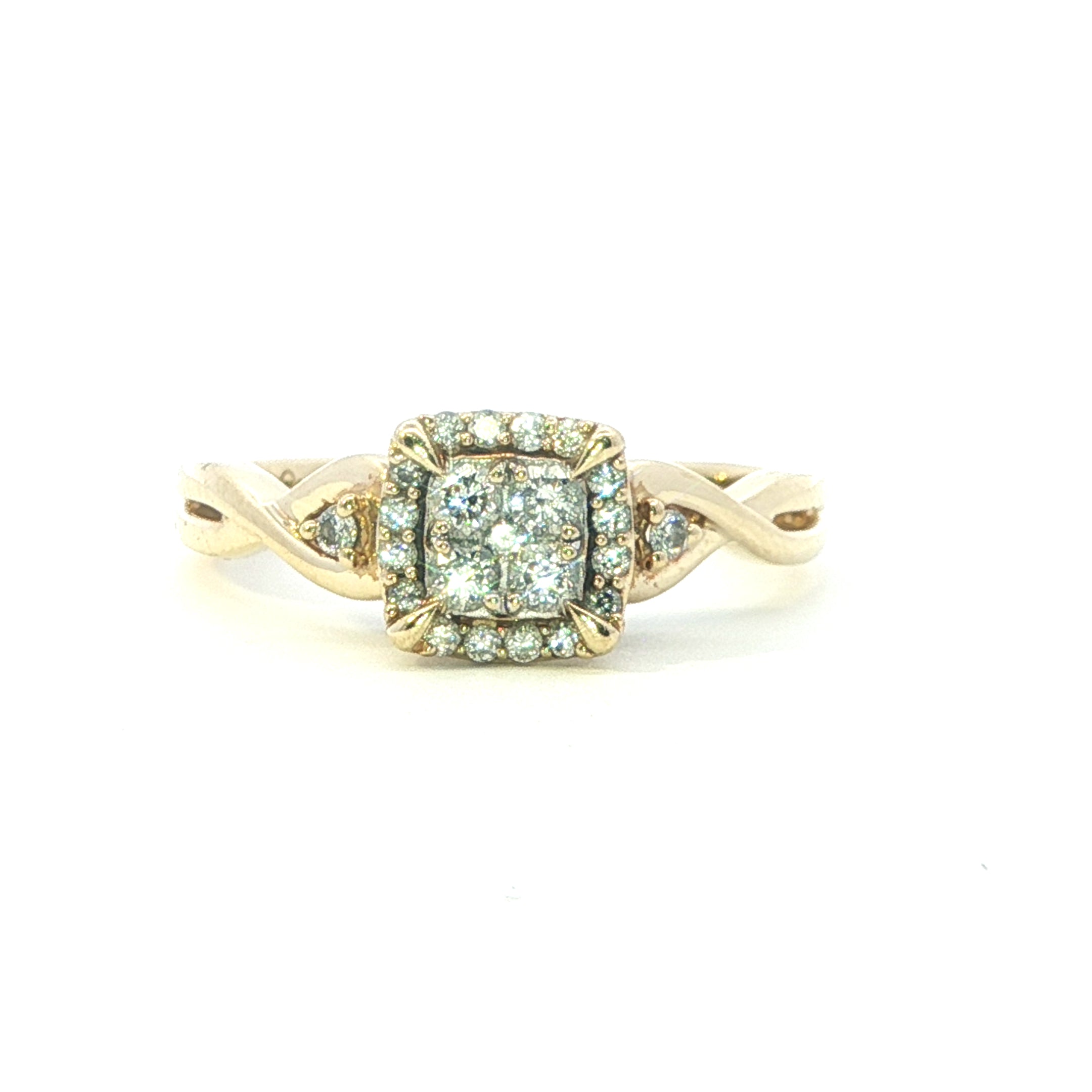 Estate Collection: 10K Yellow Gold Diamond ClusterCushion Halo Engagement Ring