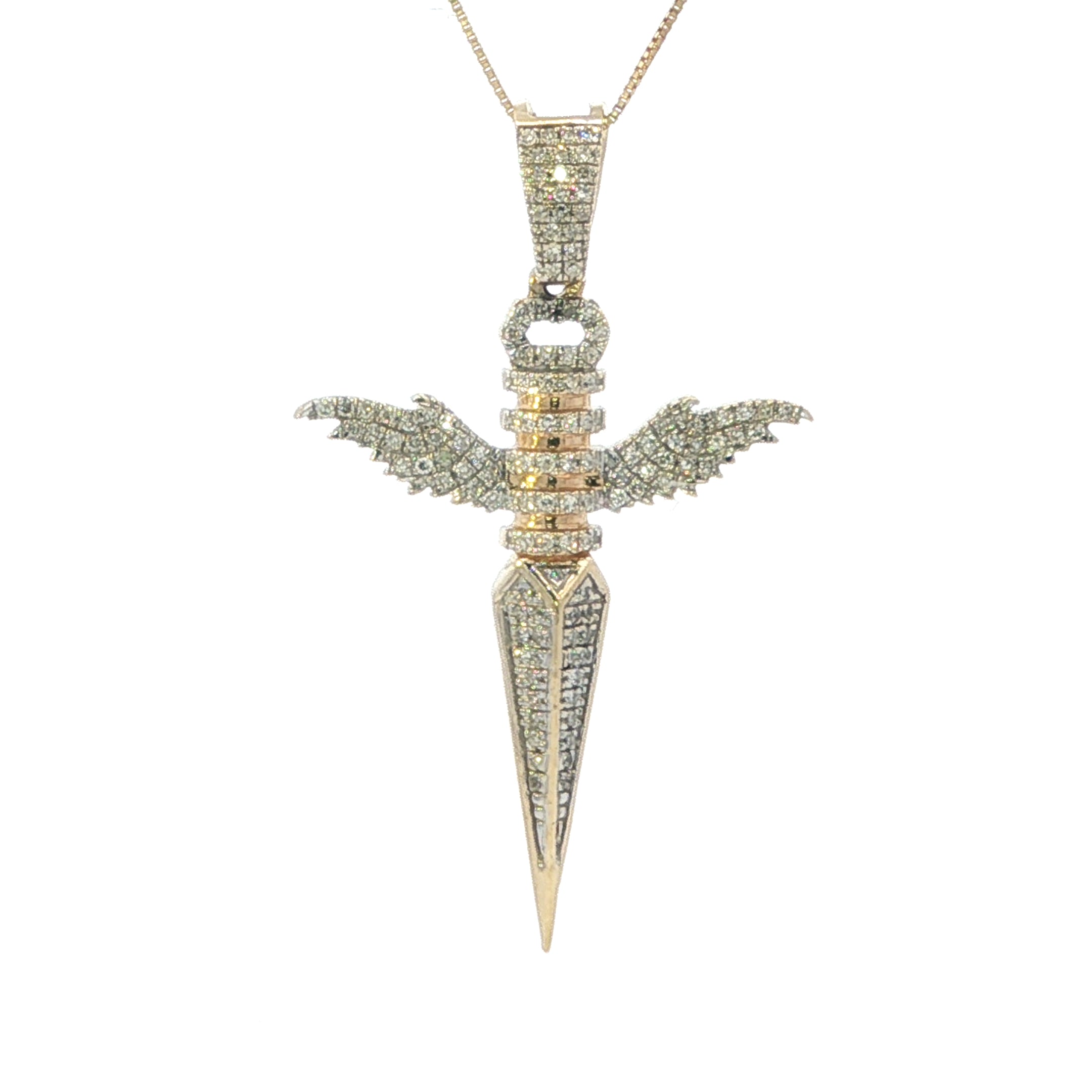 Estate Collection: 10K Yellow Gold Pavé Diamond Wing Sword Pendant With New Chain