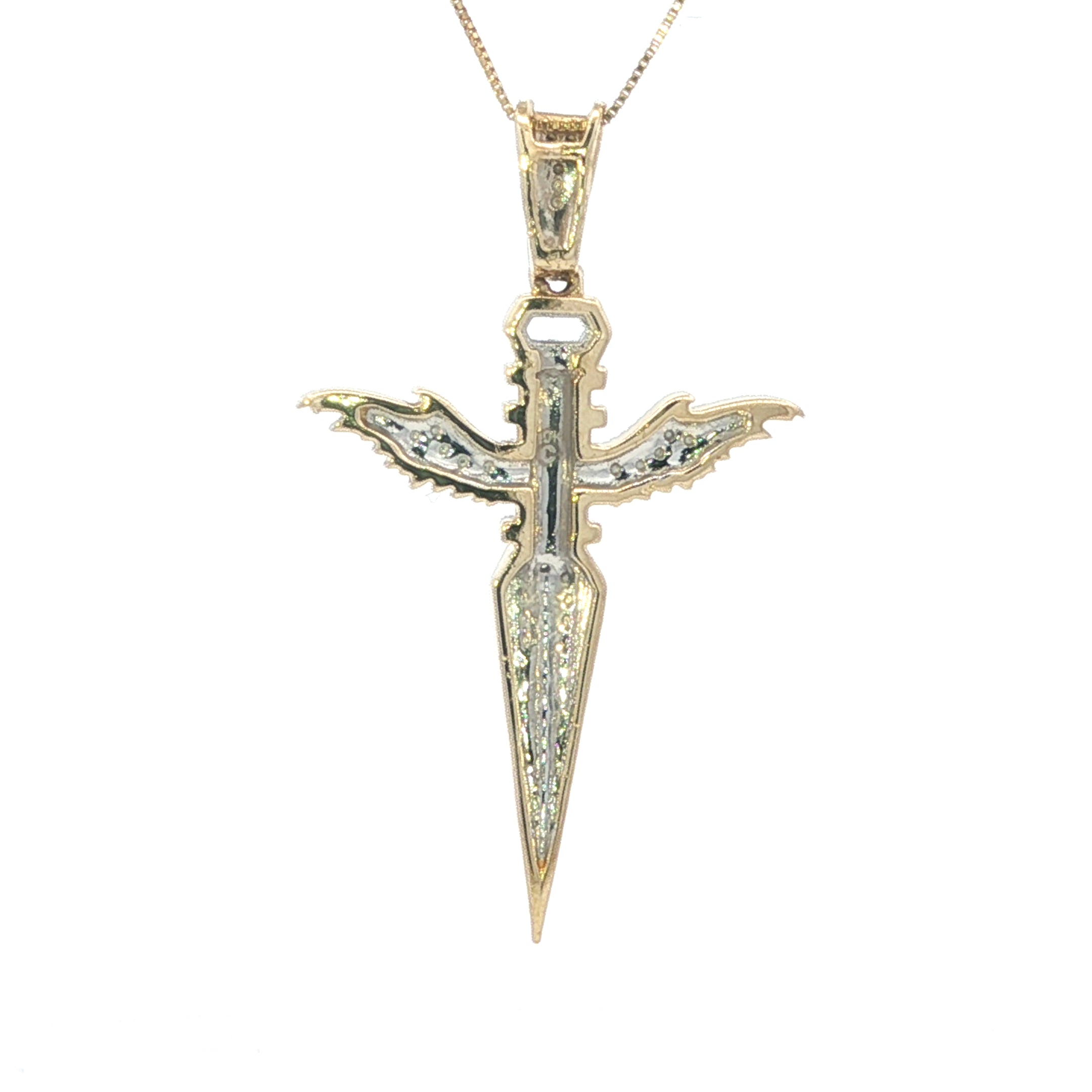 Estate Collection: 10K Yellow Gold Pavé Diamond Wing Sword Pendant With New Chain