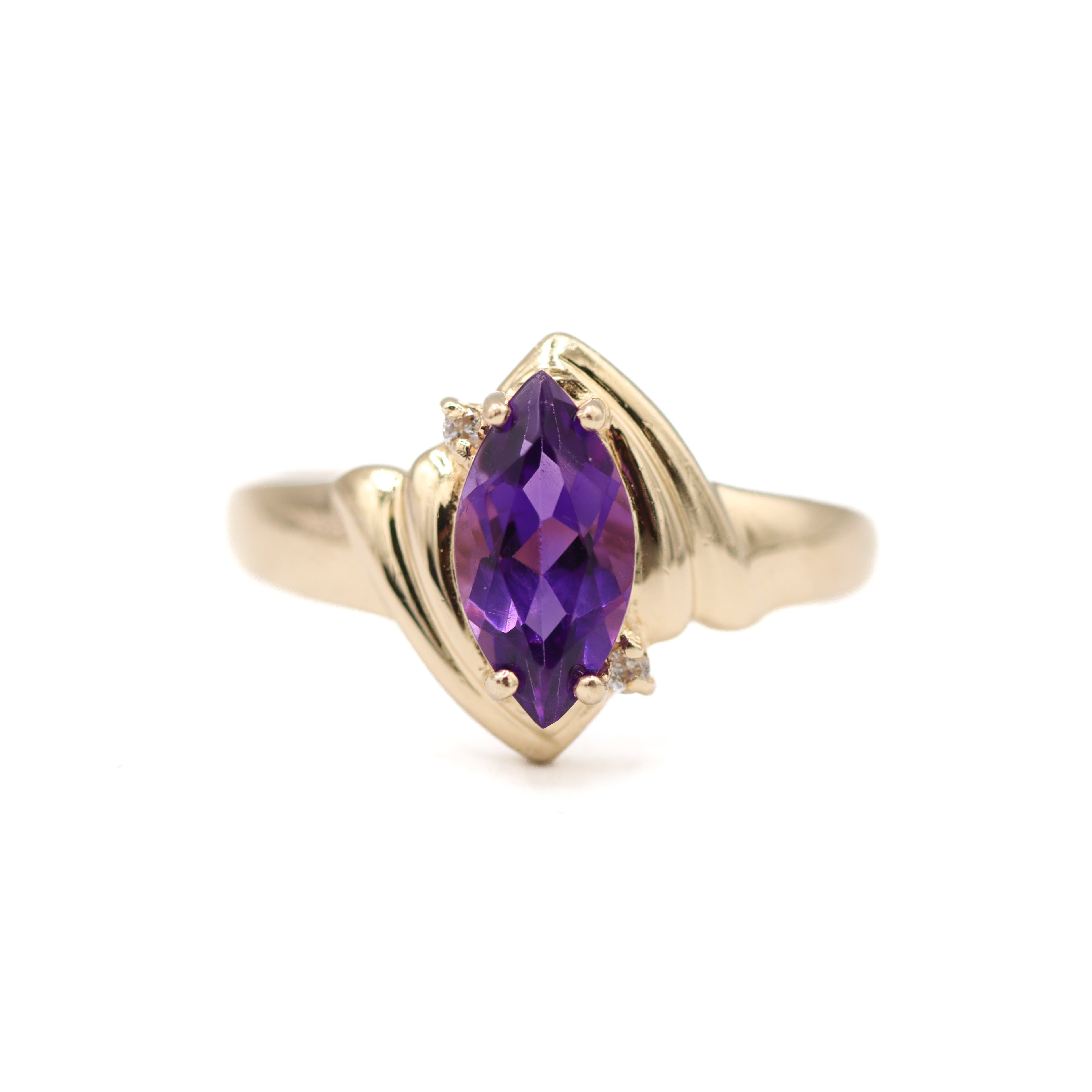 Front View Estate Collection: 10K Yellow Gold Marquise-Shaped Amethyst Birthstone Ring