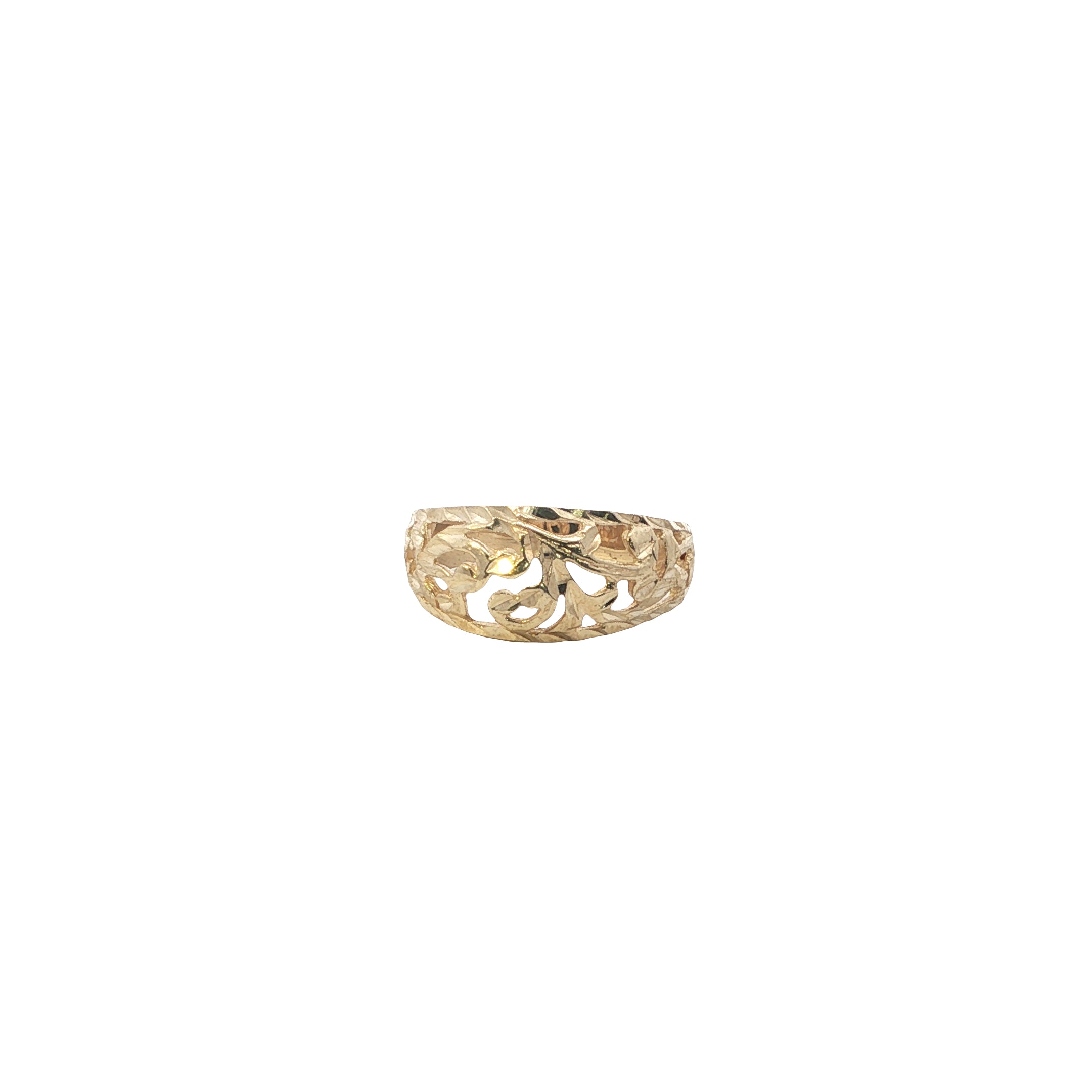 Gold ring with intricate design on a white background