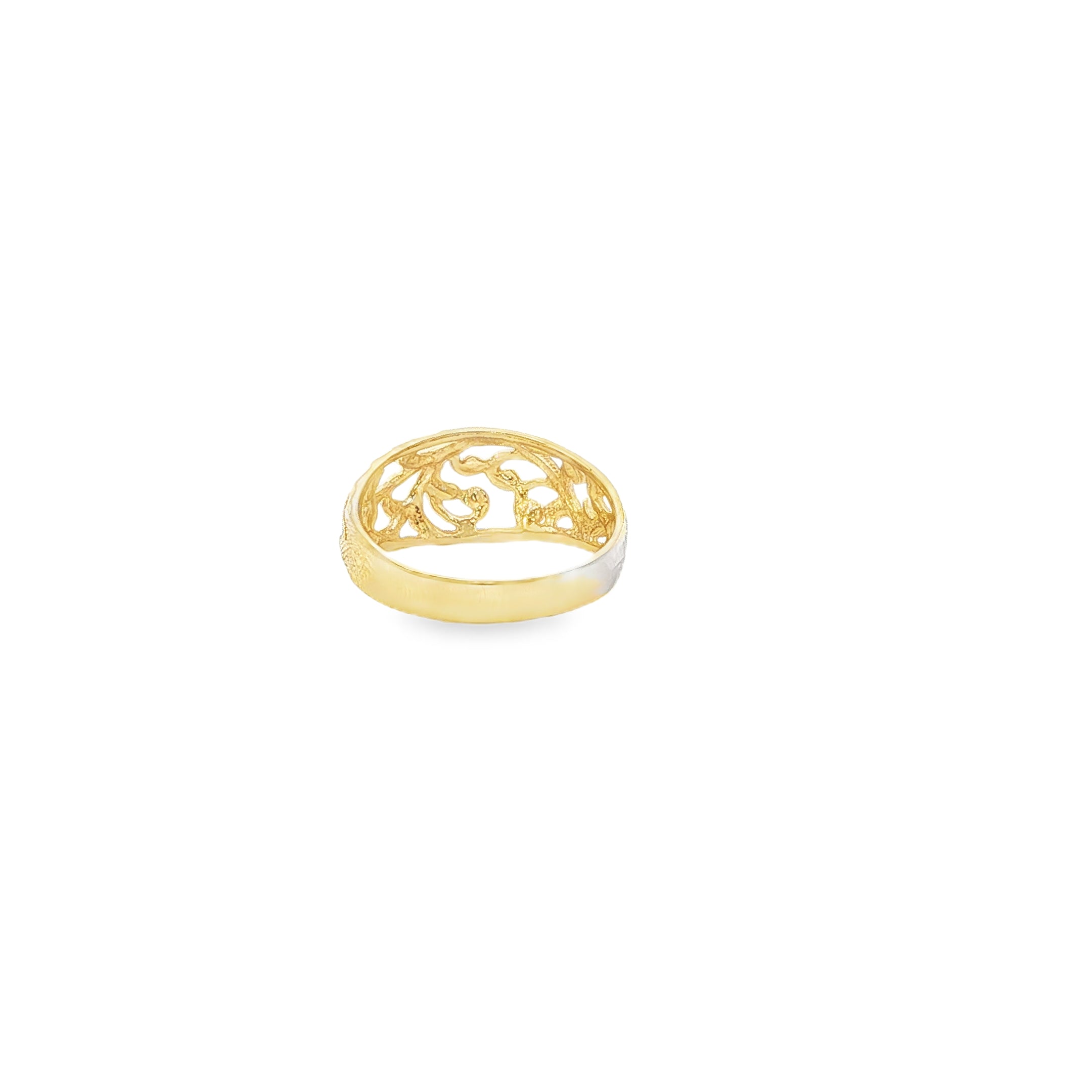 Gold ring with intricate design on a white background
