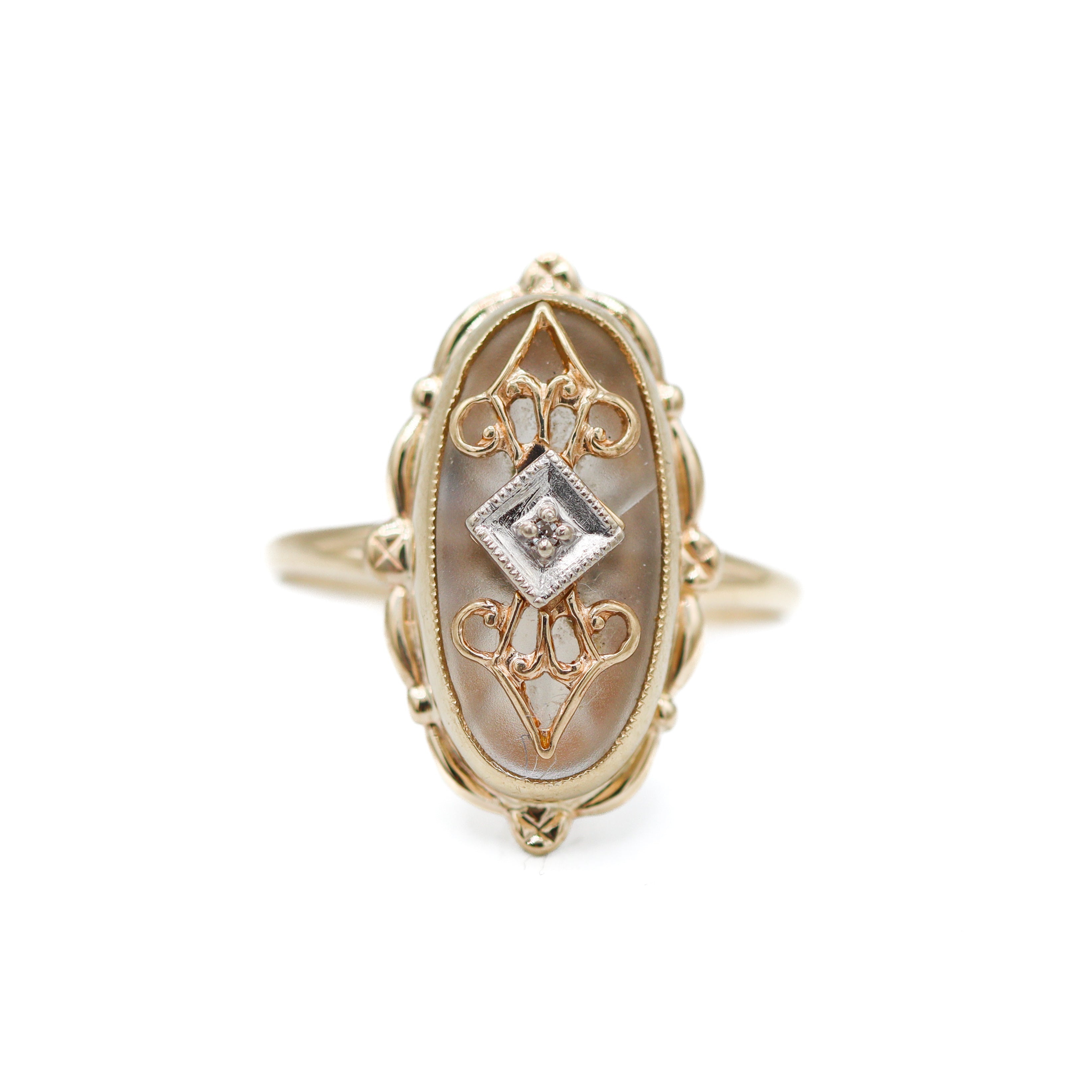 Estate Collection: 10K Yellow Gold Vintage Art Deco Light Gray Center Oval Milgrain Ring