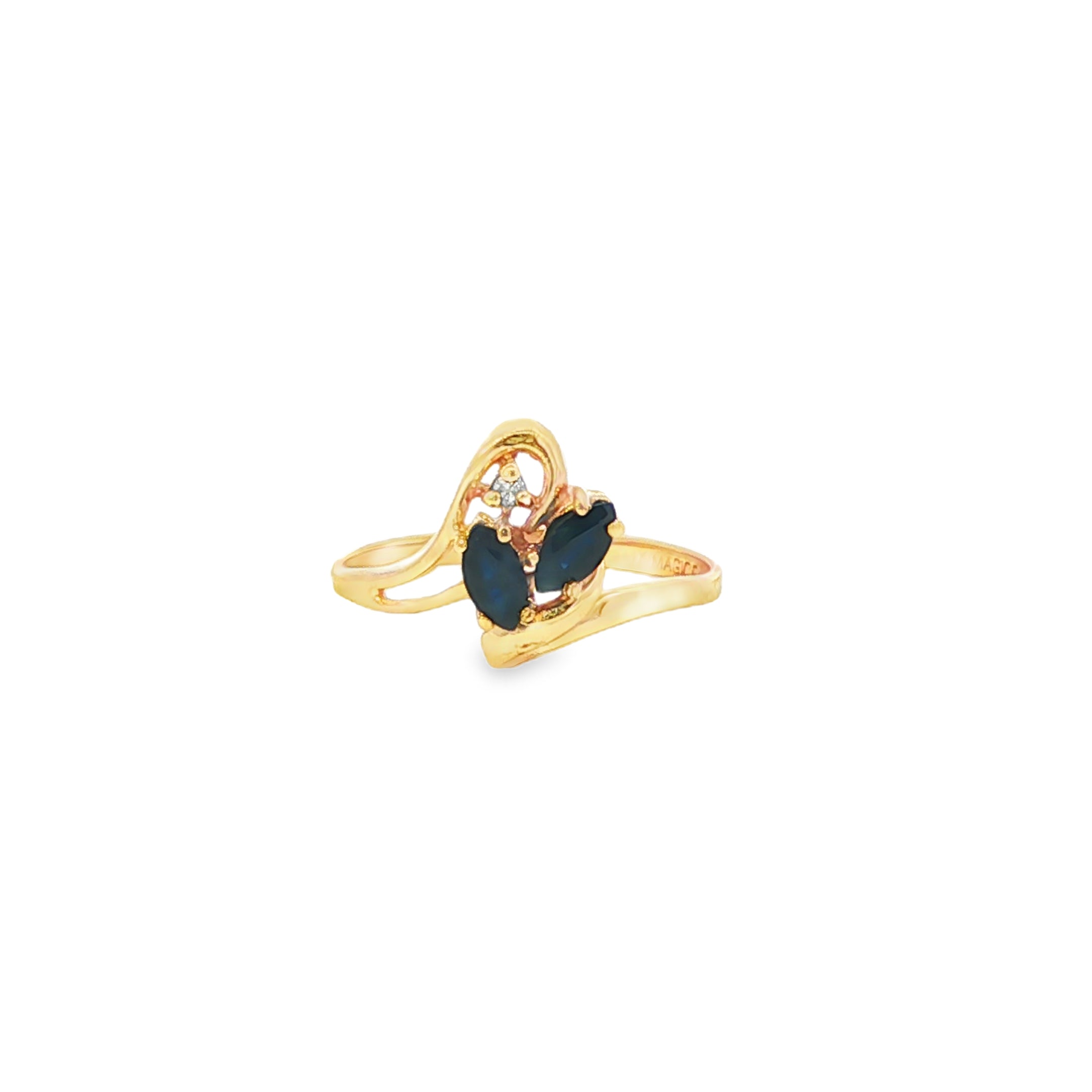 Estate Collection: 14K Yellow Gold Marquise Sapphirre & Diamond Swirl Design Ring
