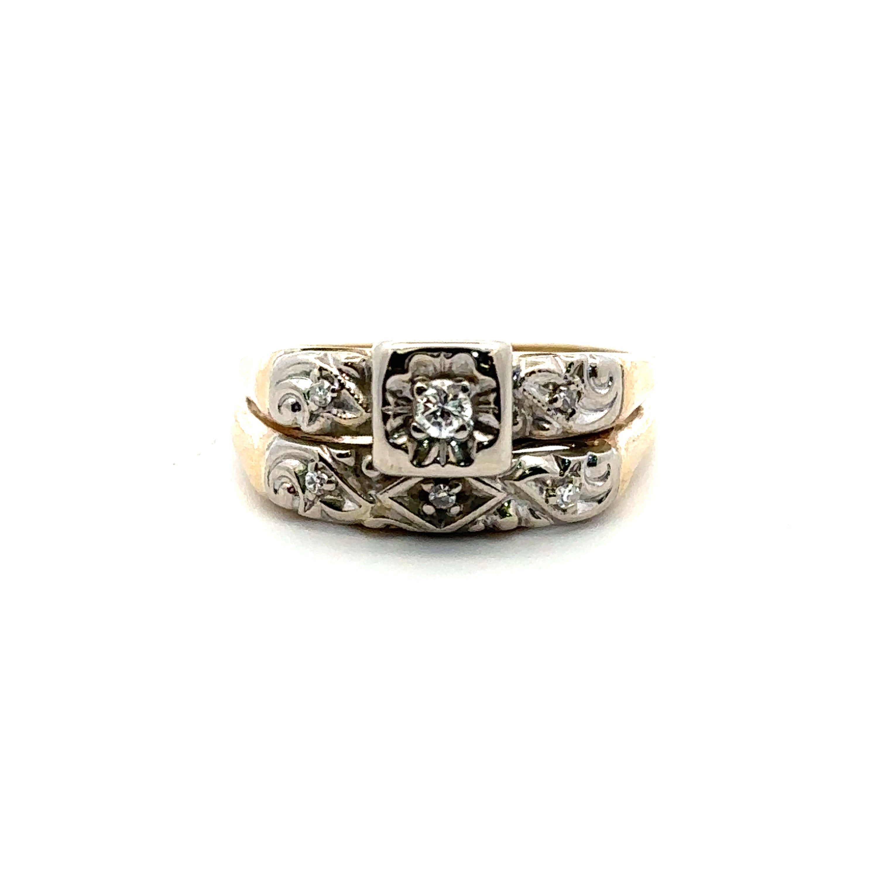 Estate Collection: 10K Yellow And White Gold Natural Diamond Vintage Floral Illusion Set Engagment Ring Set