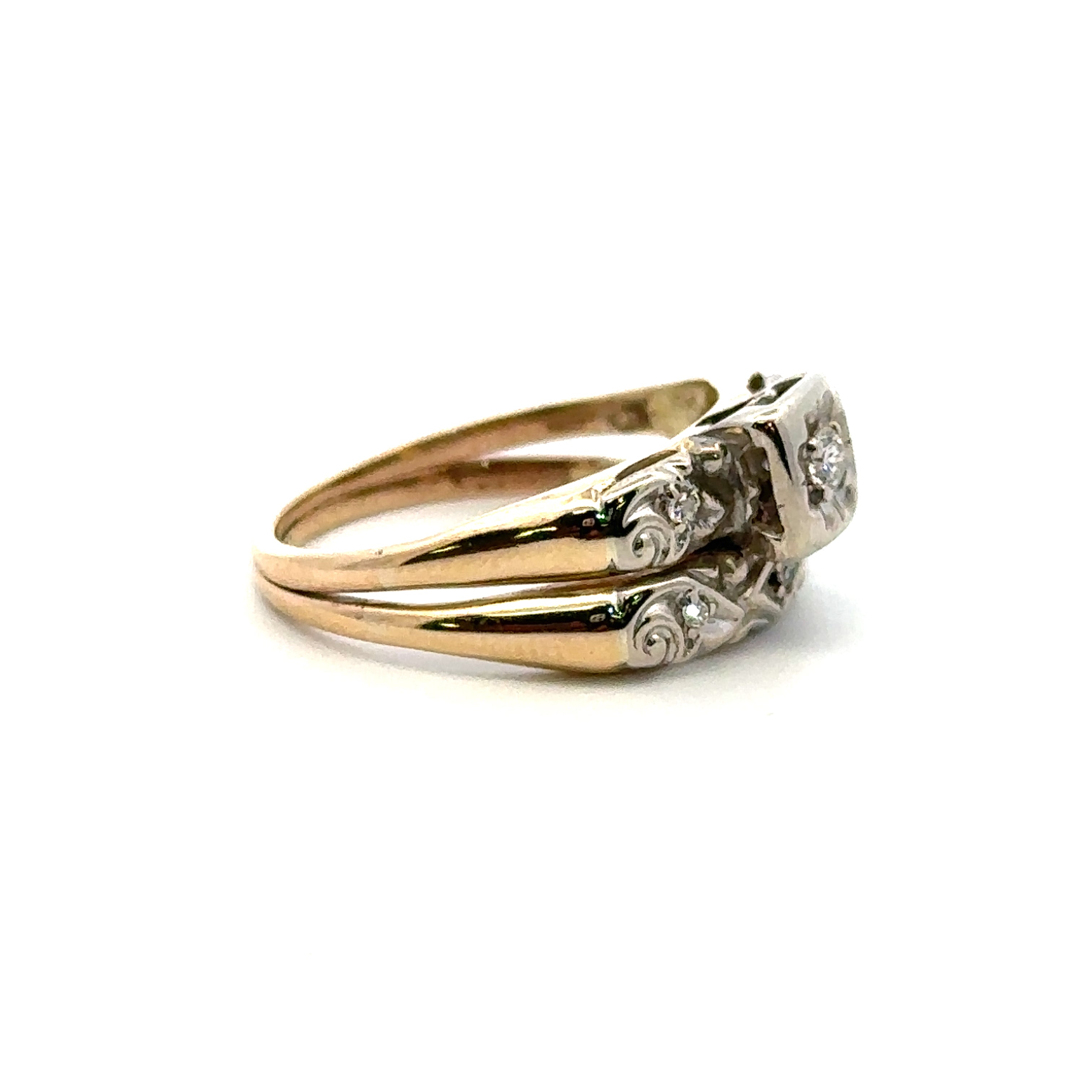 Estate Collection: 10K Yellow And White Gold Natural Diamond Vintage Floral Illusion Set Engagment Ring Set