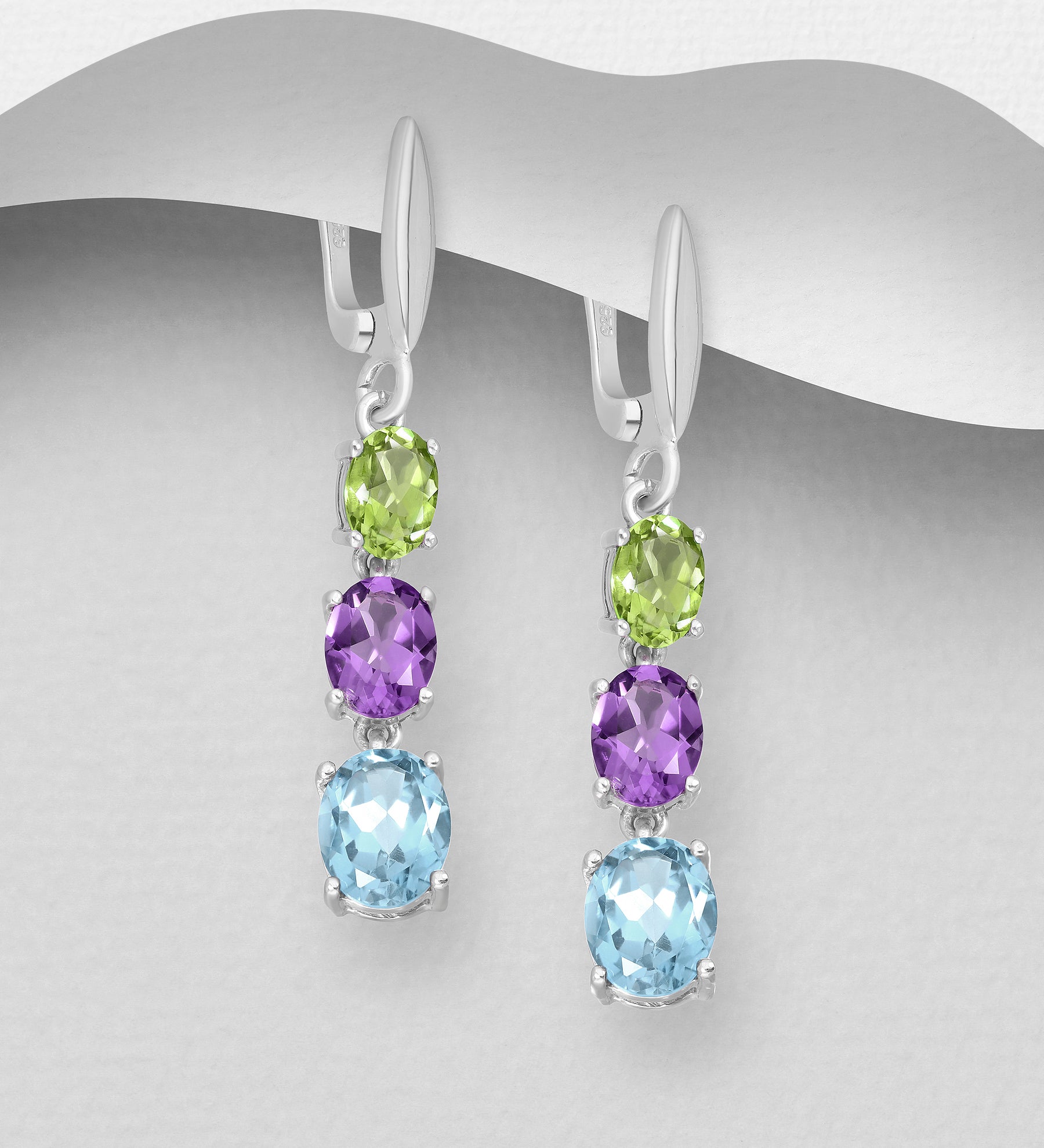 Sterling Silver Three-Stone Peridot, Amethyst, & Blue Topaz Dangle Earrings