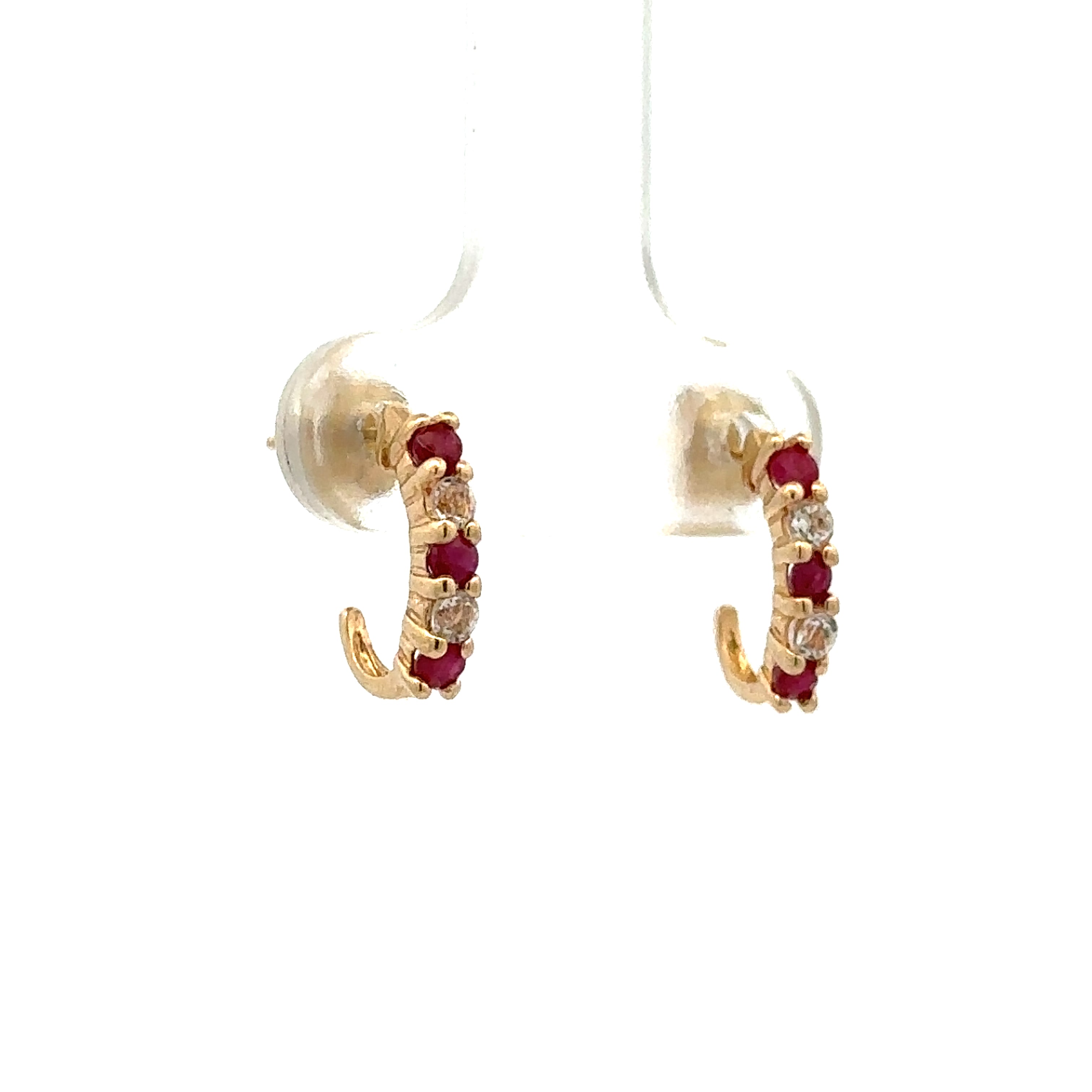 Estate Collection: 14K Yellow Gold Ruby and Diamond J-Hoop Stud Earrings (10K Backs)