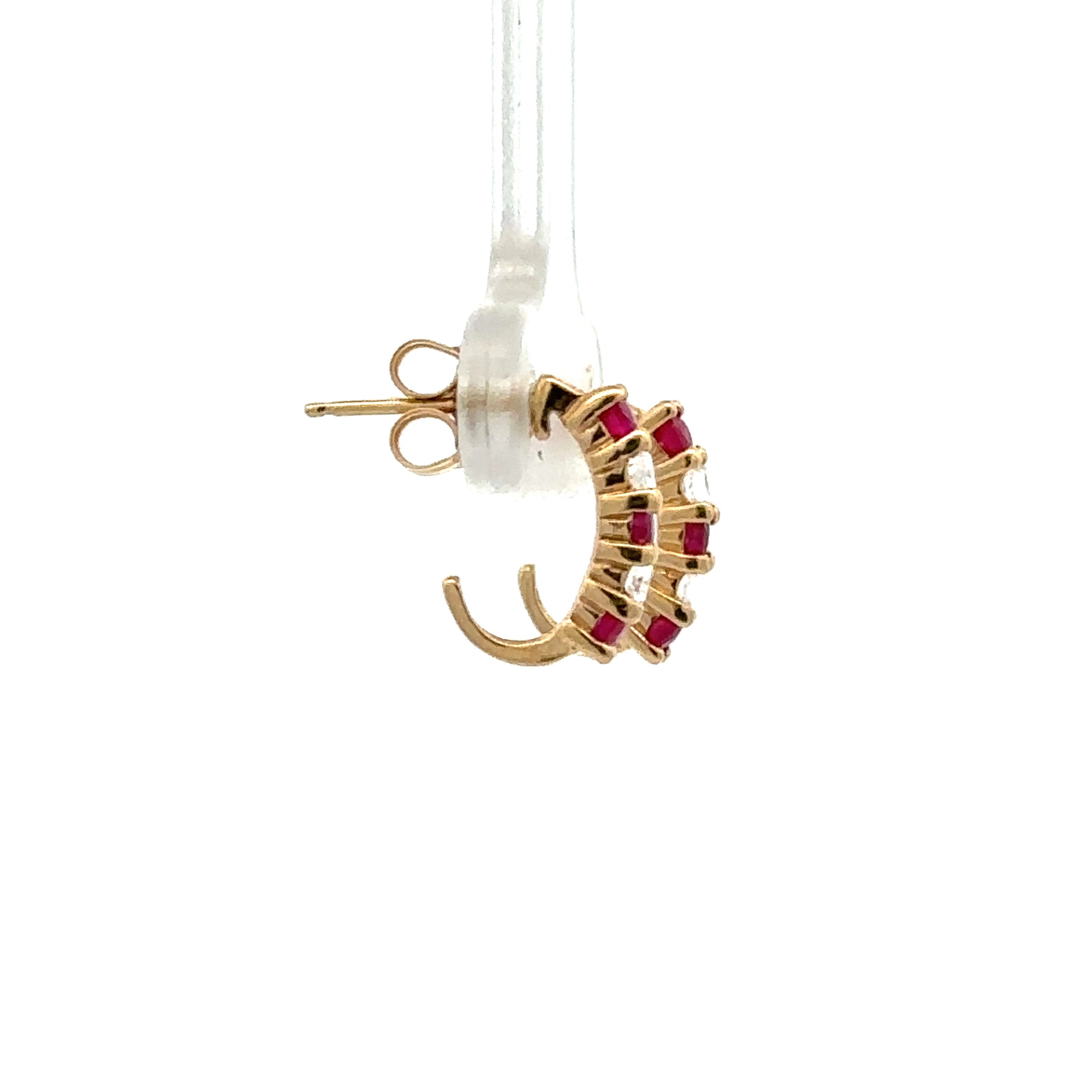 Estate Collection: 14K Yellow Gold Ruby and Diamond J-Hoop Stud Earrings (10K Backs)