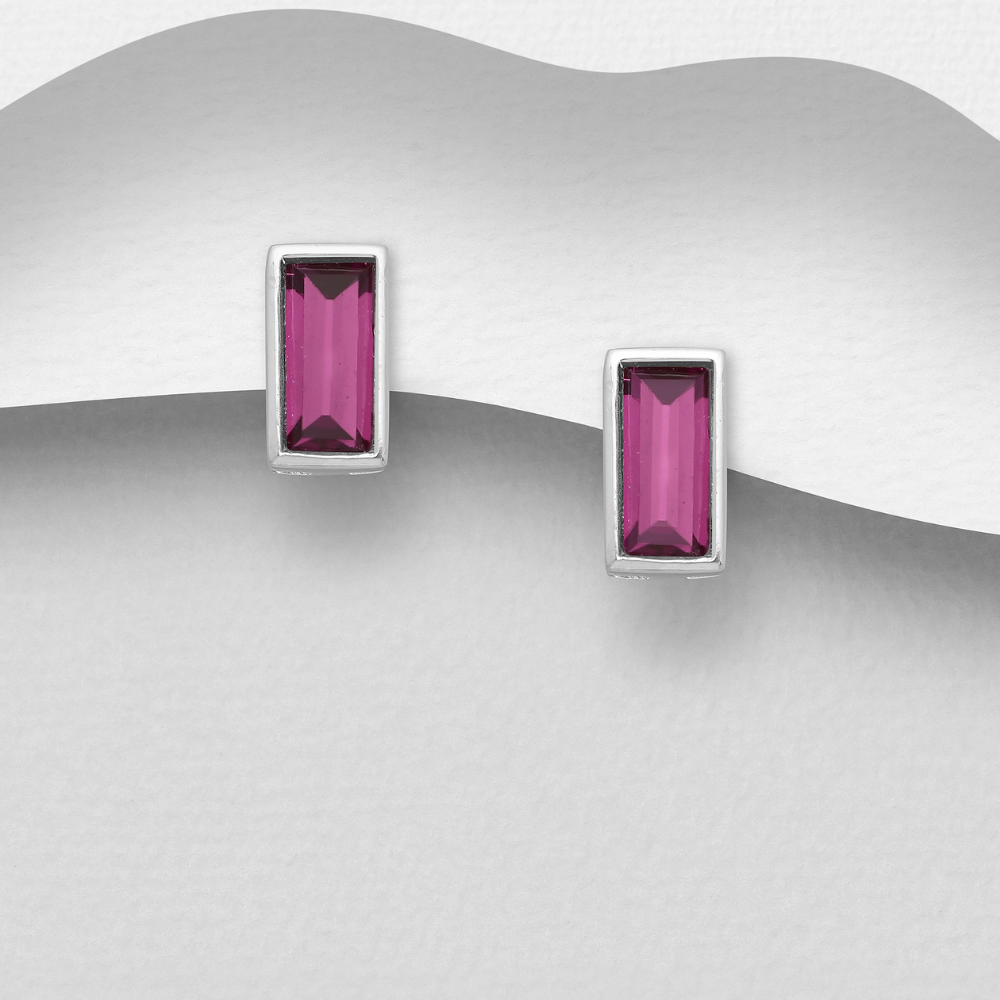 Rectangular stud earrings with a deep purple-pink Austrian Crystal in each one.