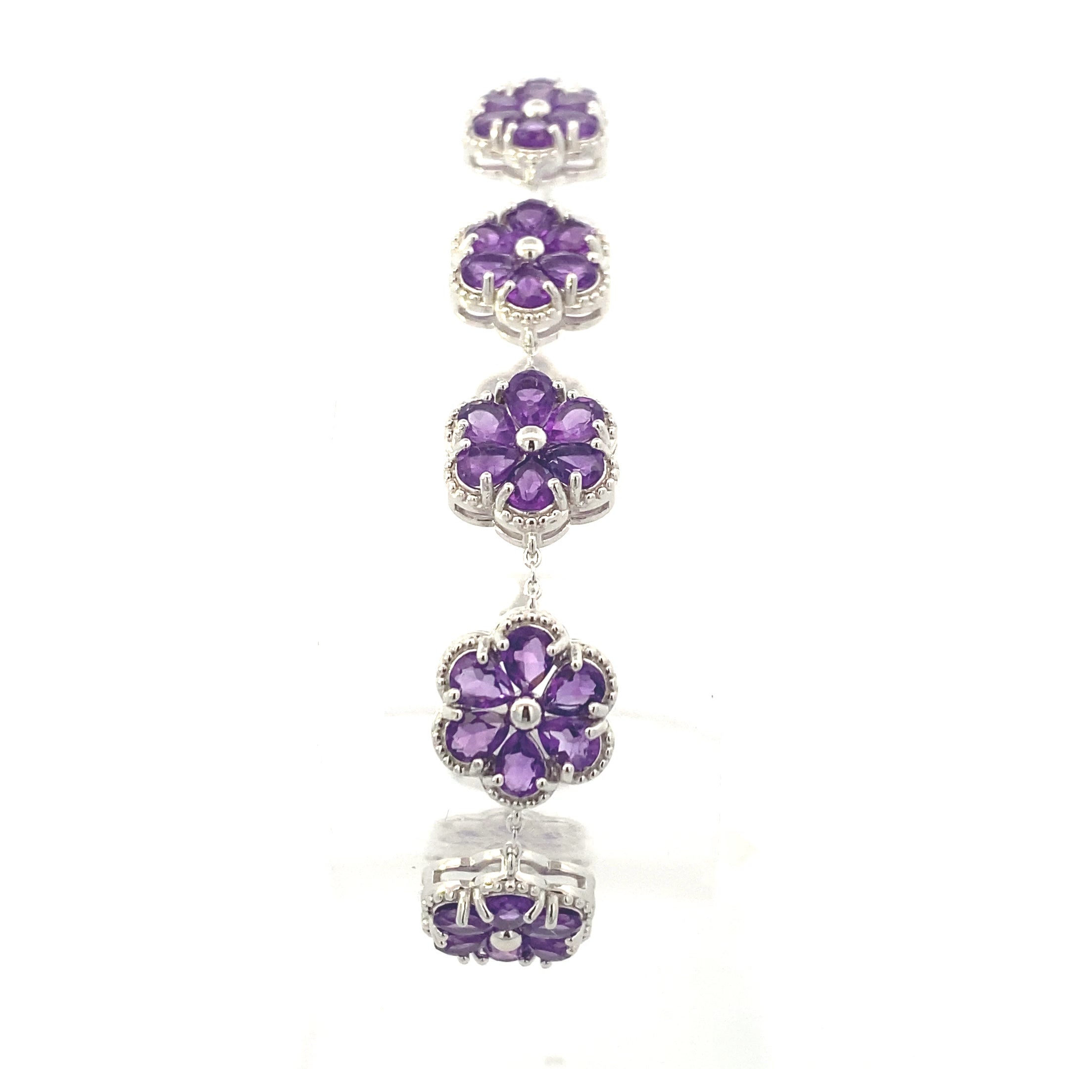 Sterling Silver 8-1/4CT. Pear-Cut Amethyst Flower Station Bracelet