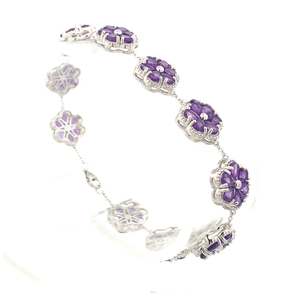 Sterling Silver 8-1/4CT. Pear-Cut Amethyst Flower Station Bracelet