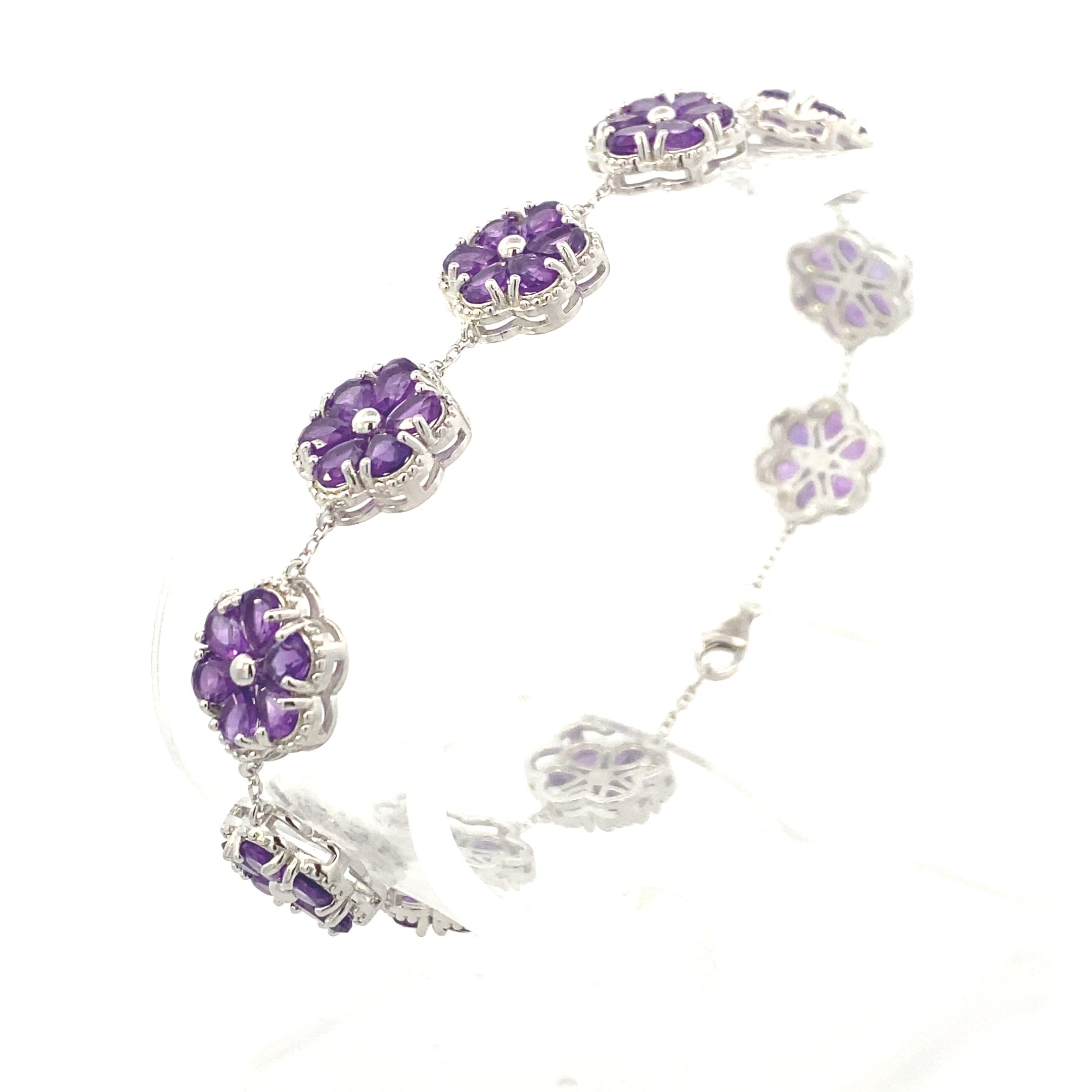 Sterling Silver 8-1/4CT. Pear-Cut Amethyst Flower Station Bracelet