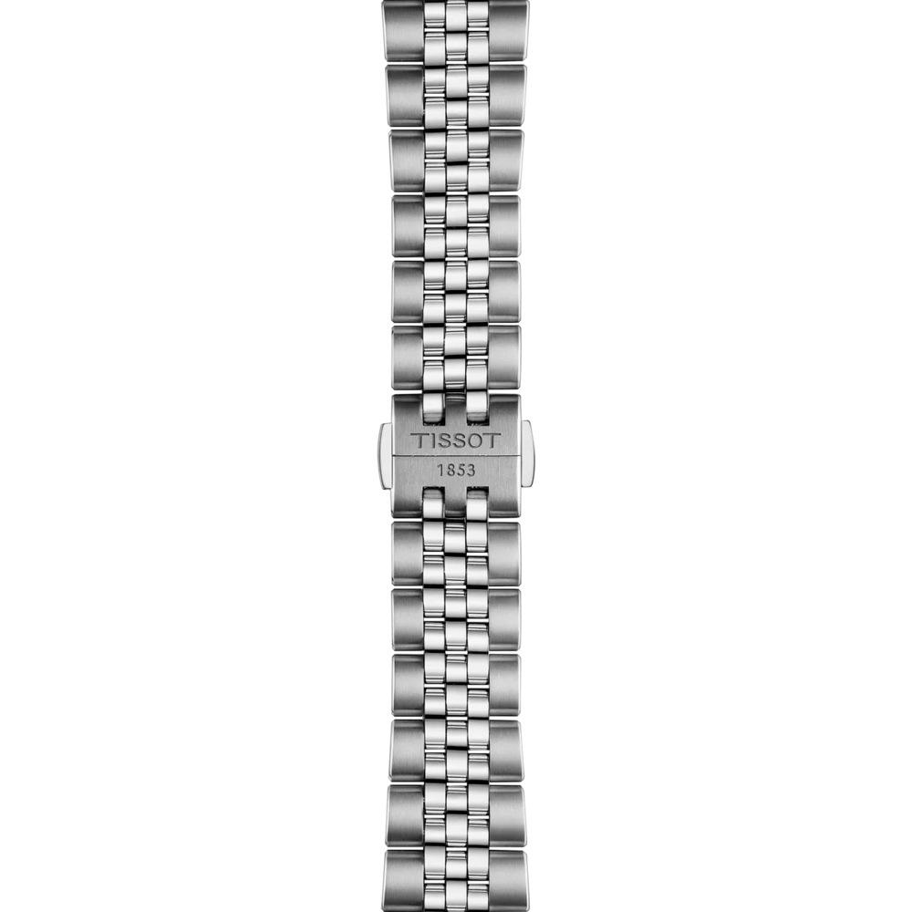 Silver watch bracelet with Tissot logo on a white background