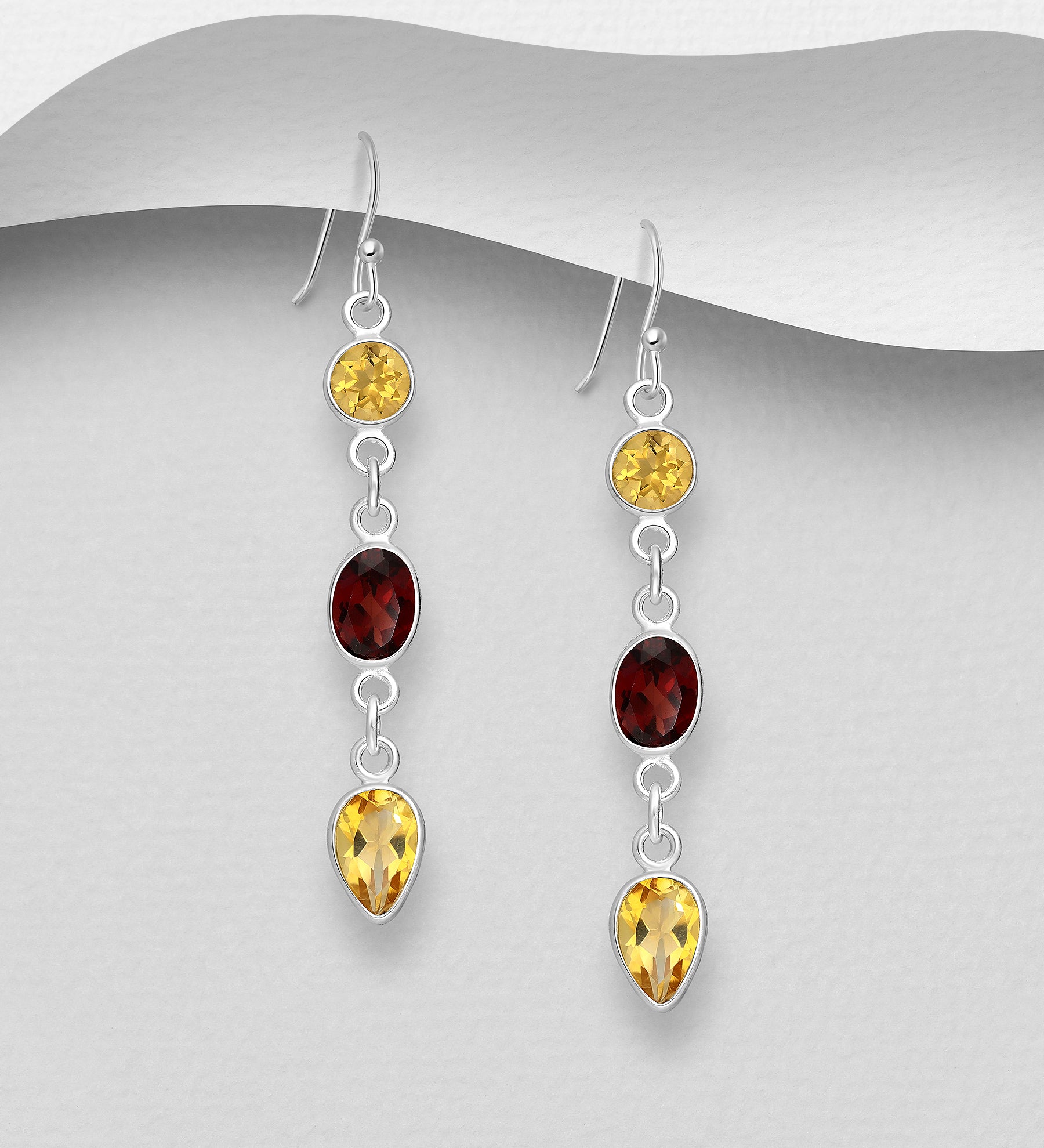 Sterling Silver Citrine & Garnet Hook Dangle Earrings