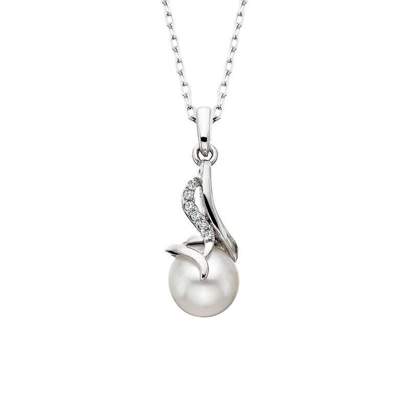 Pearl necklace with silver clasp on a white background