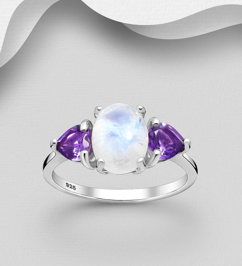Sterling Silver Rainbow Moonstone & Amethyst Accented Ring