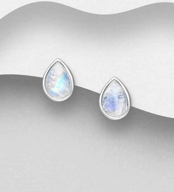 Rainbow Moonstone Droplet Stud Earrings