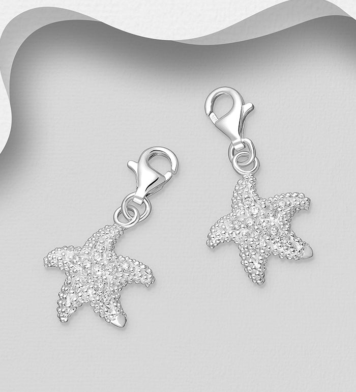 Sterling Silver Starfish Charm with Simulated Diamonds