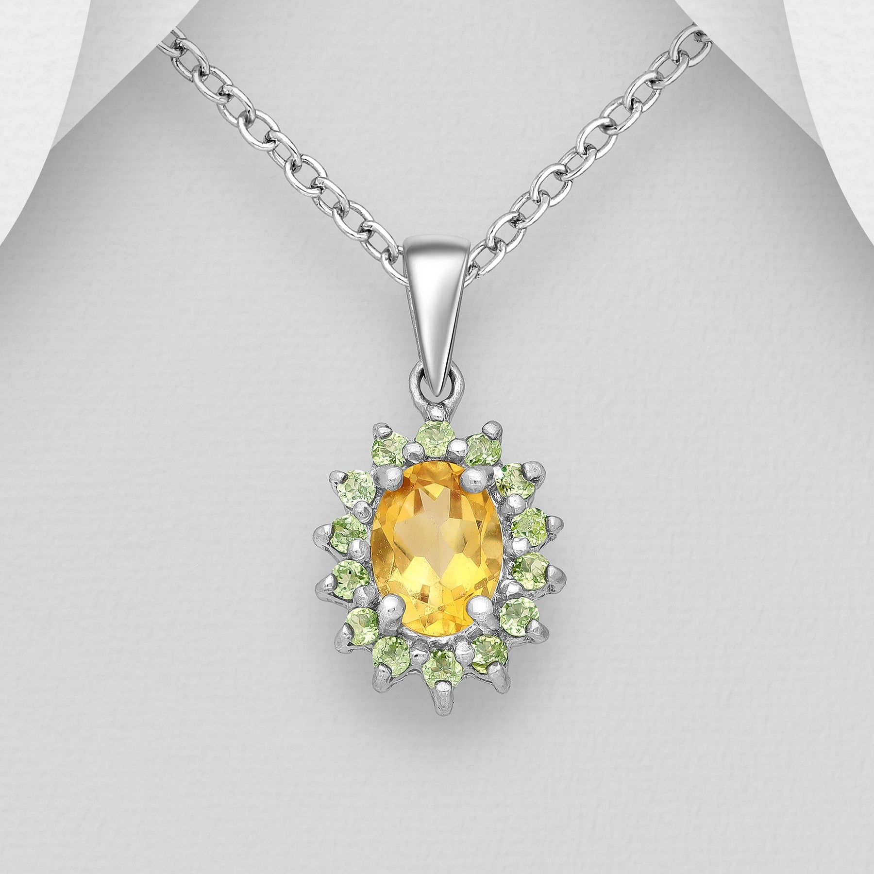 Picture of Oval Citrine with Peridot halo pendant necklace