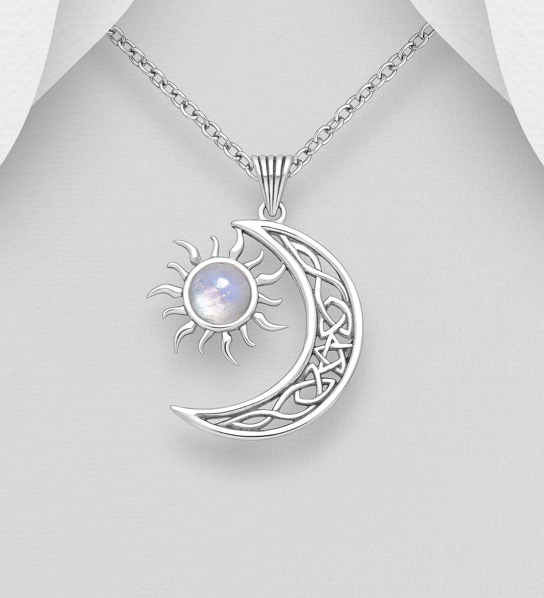 Sterling Silver Rainbow Moonstone Sun & Moon Pendant Necklace with Chain