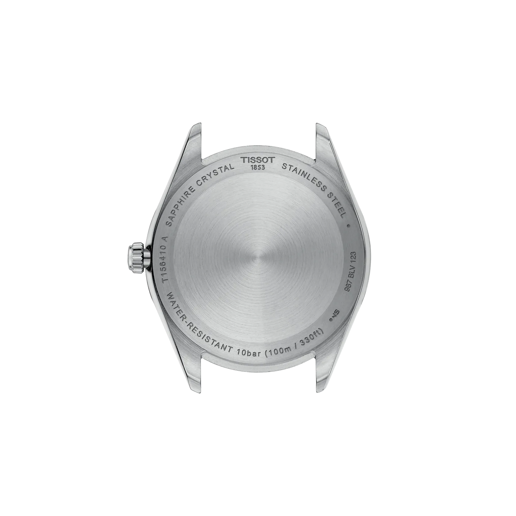 Back view of a Tissot watch with branding and specifications on a white background