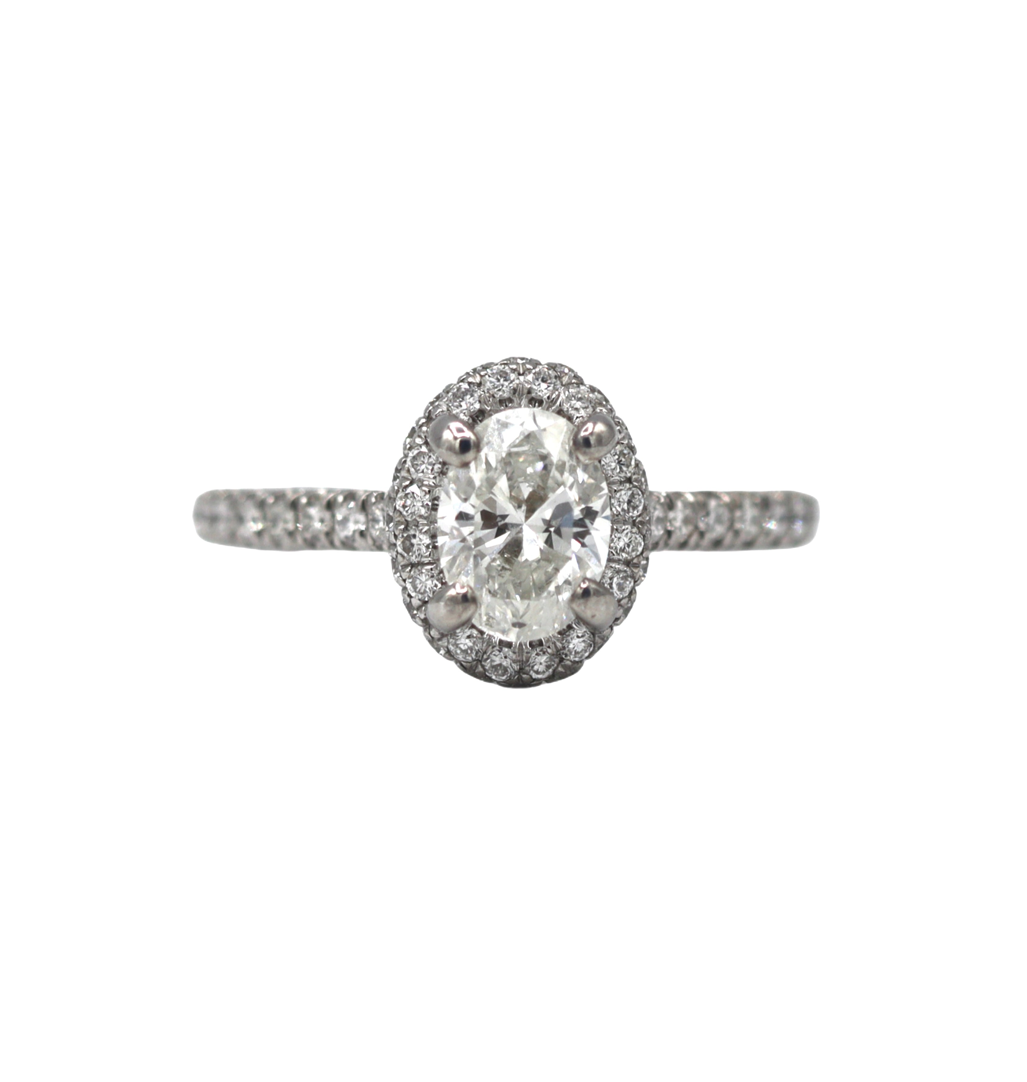 Estate Collection: Gabriel and Co. 14K White Gold 2CTW. Diamond Oval Halo Engagement Ring and Matching Band Set