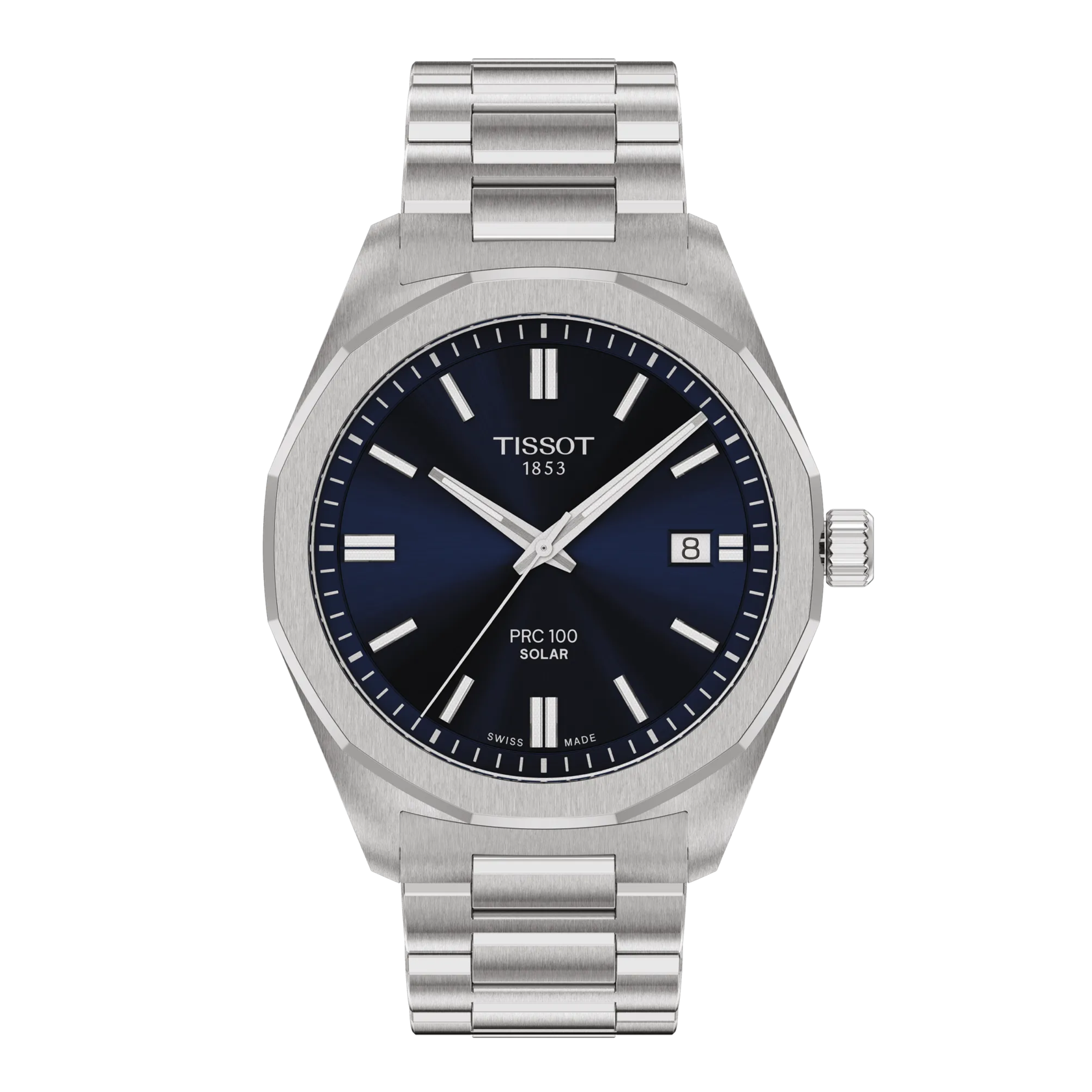 Silver Tissot watch with a blue dial on a white background