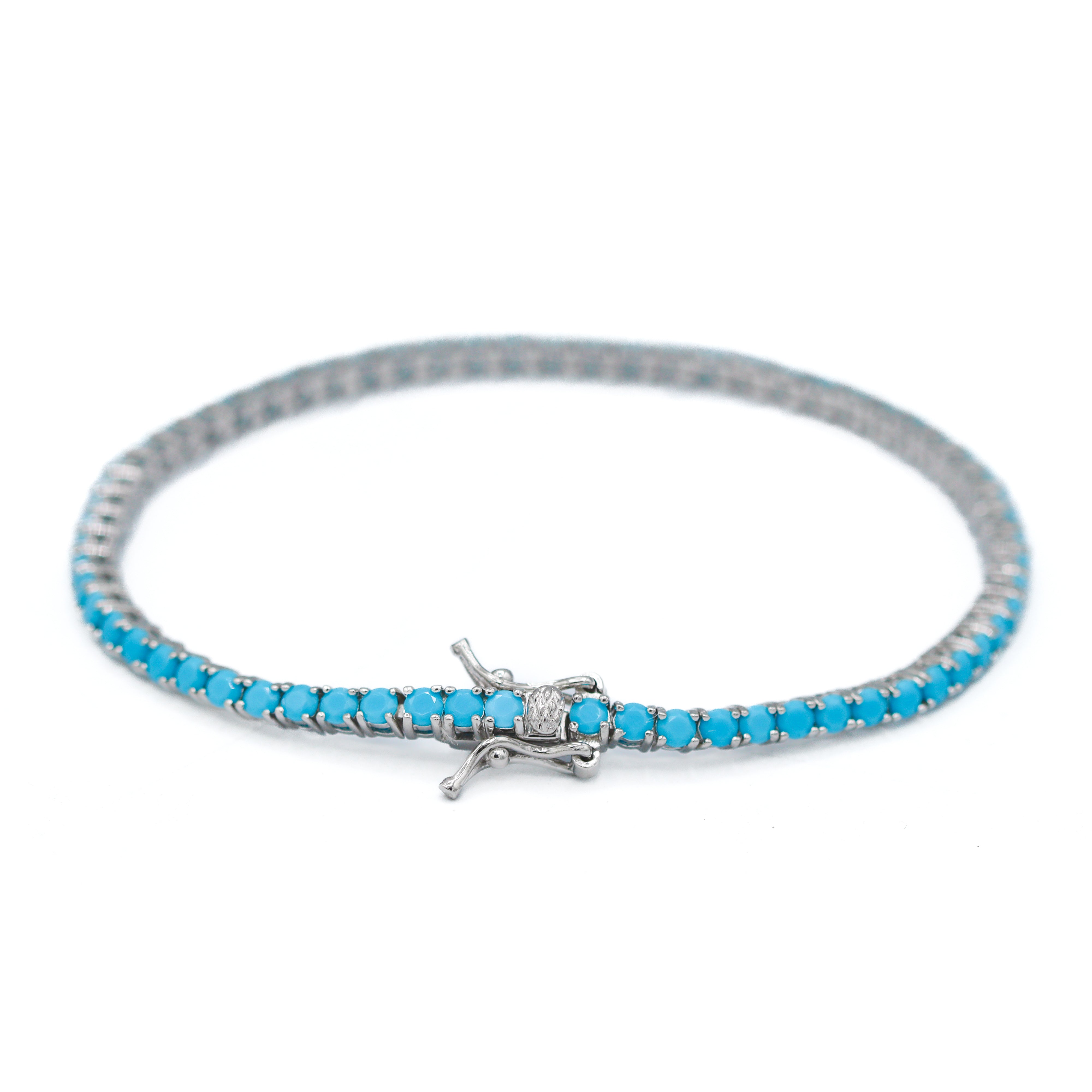 Sterling Silver 2.5MM Round Created Turquoise 7" Tennis Bracelet