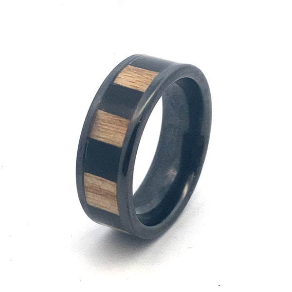 Black Diamond Ceramic 8mm Desert Iron & Ash Wood Inlay Men's Ring