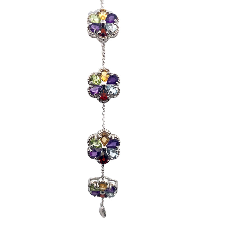Sterling Silver Multi Pear Gemstone Flower Bracelet