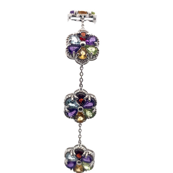 Sterling Silver Multi Pear Gemstone Flower Bracelet