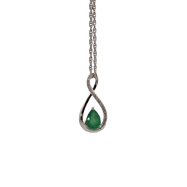 Sterling Silver Pear-Cut Emerald and 1/10 CT. Diamond Pendant Necklace