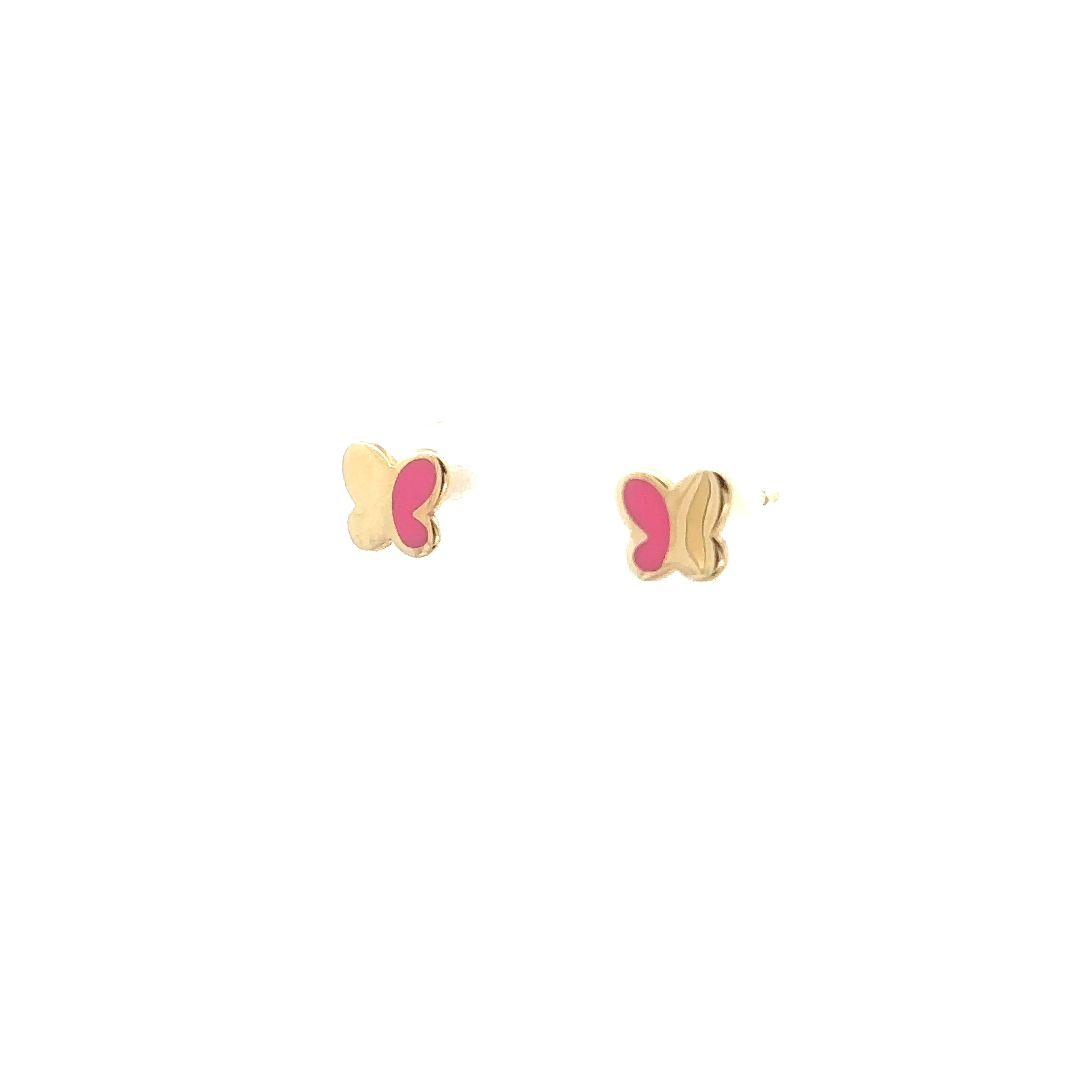 14K Yellow Gold Pink Enamel Butterfly Stud Earrings