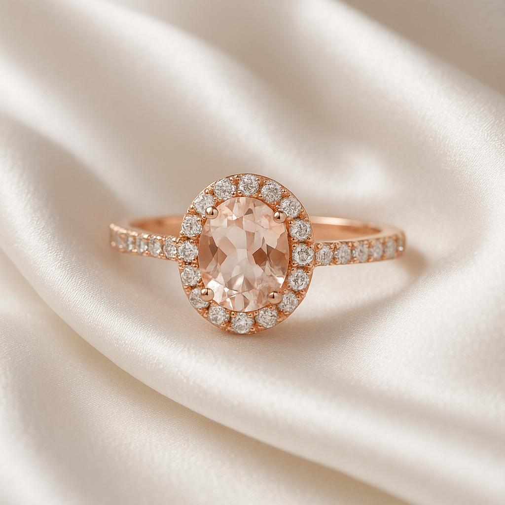 AI-Generated mockup of this morganite and diamond halo ring.