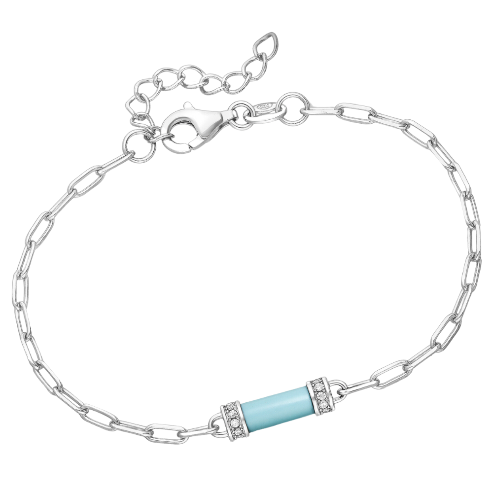 Sterling Silver Paperclip Link Bracelet with Turquoise-Colored Enamel Bead and CZ Accents.