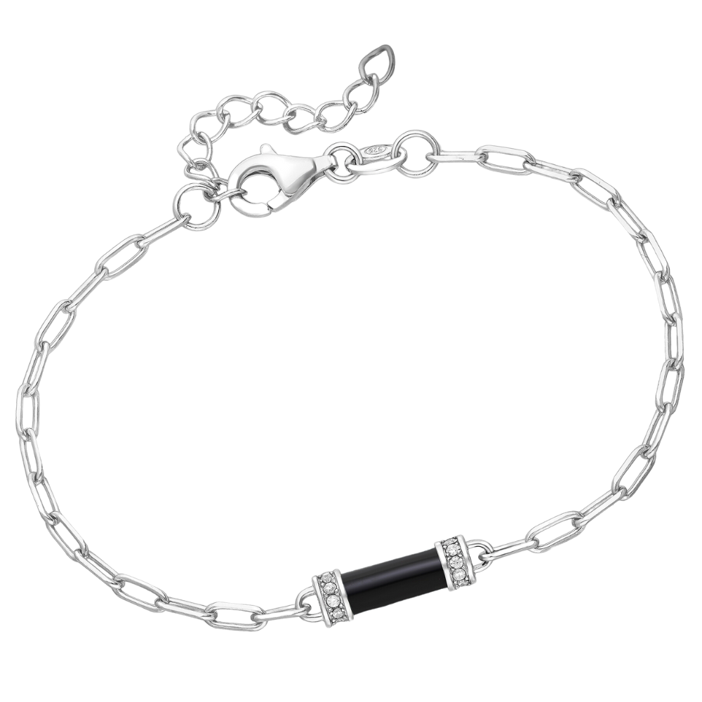 Sterling Silver Paperclip Link Bracelet with Black Enamel Bead and CZ Accents.