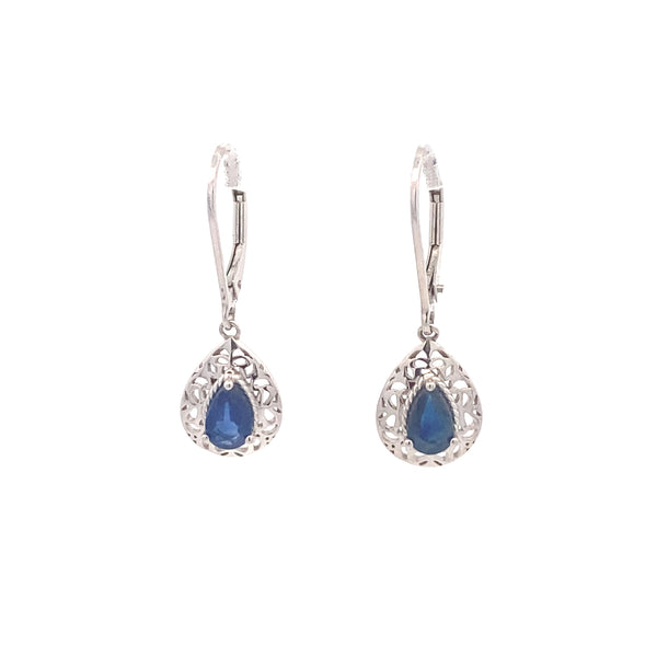 Sterling Silver Pear-Cut Sapphire Filigree Drop Earrings