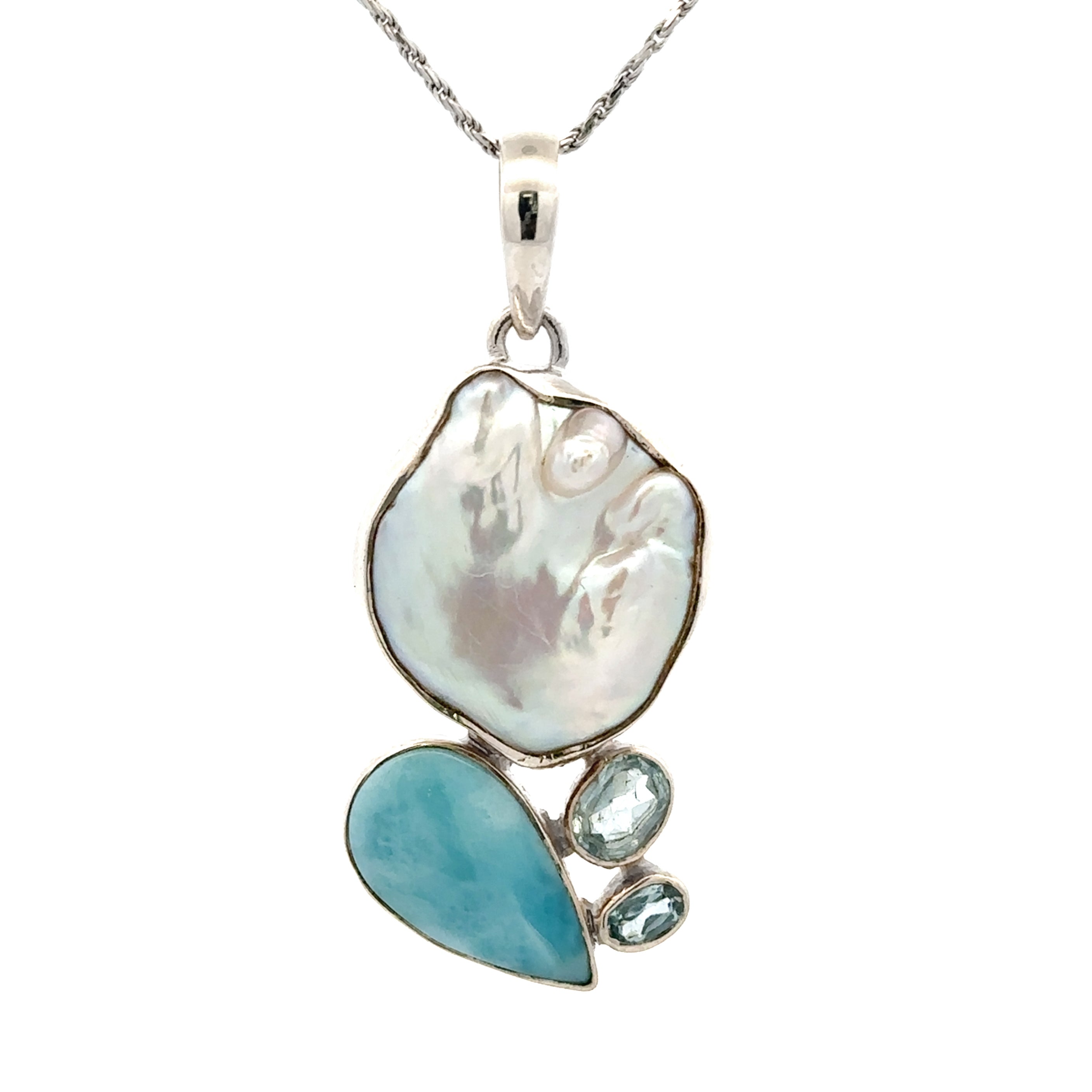 Sterling Silver Freshwater Pearl, Larimar & Sky-Blue Topaz Pendant Necklace