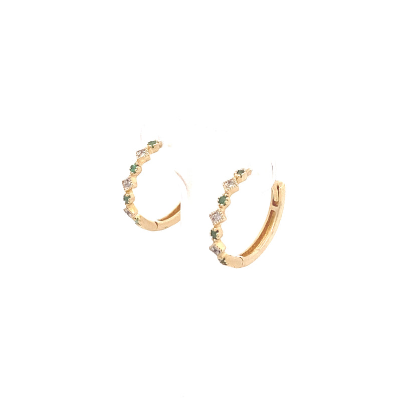 14K Yellow Gold Diamond and Emerald Huggie Earrings