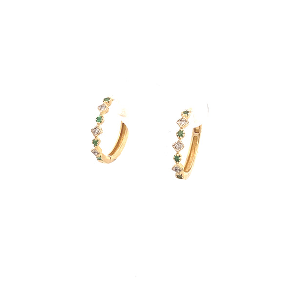 14K Yellow Gold Diamond and Emerald Huggie Earrings