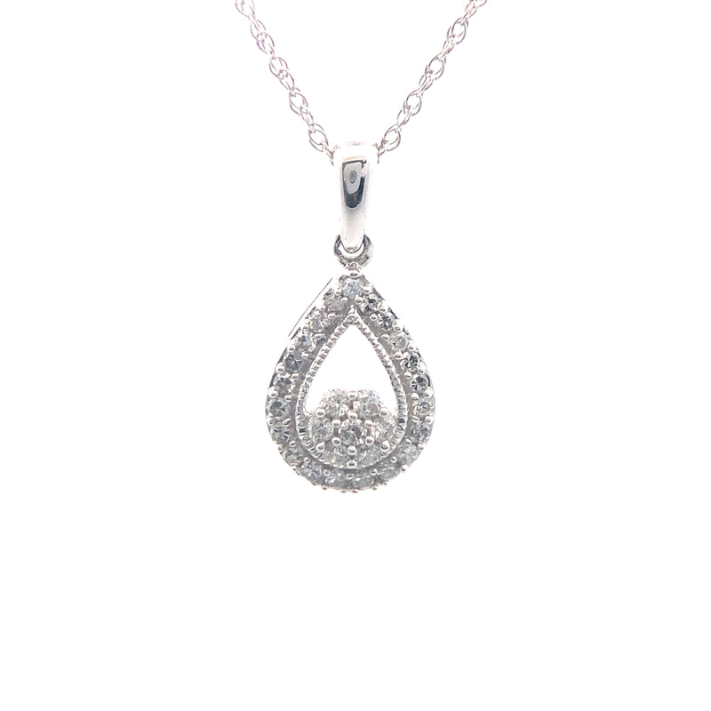 Sterling Silver 1/5CT. Diamond Teardrop Cluster Pendant Necklace