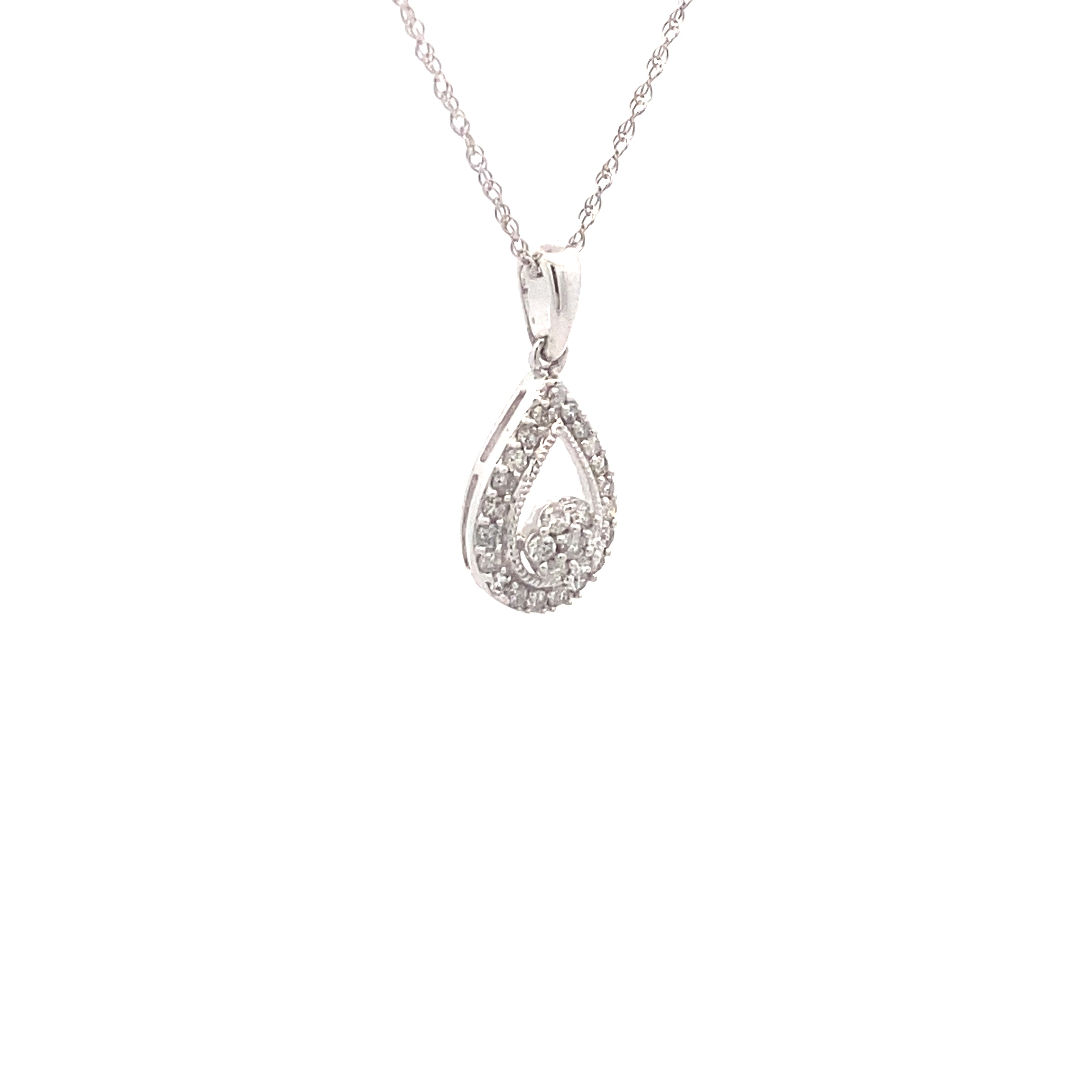 Sterling Silver 1/5CT. Diamond Teardrop Cluster Pendant Necklace