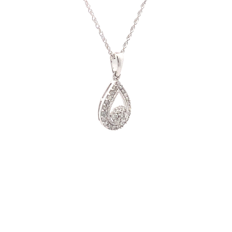 Sterling Silver 1/5CT. Diamond Teardrop Cluster Pendant Necklace