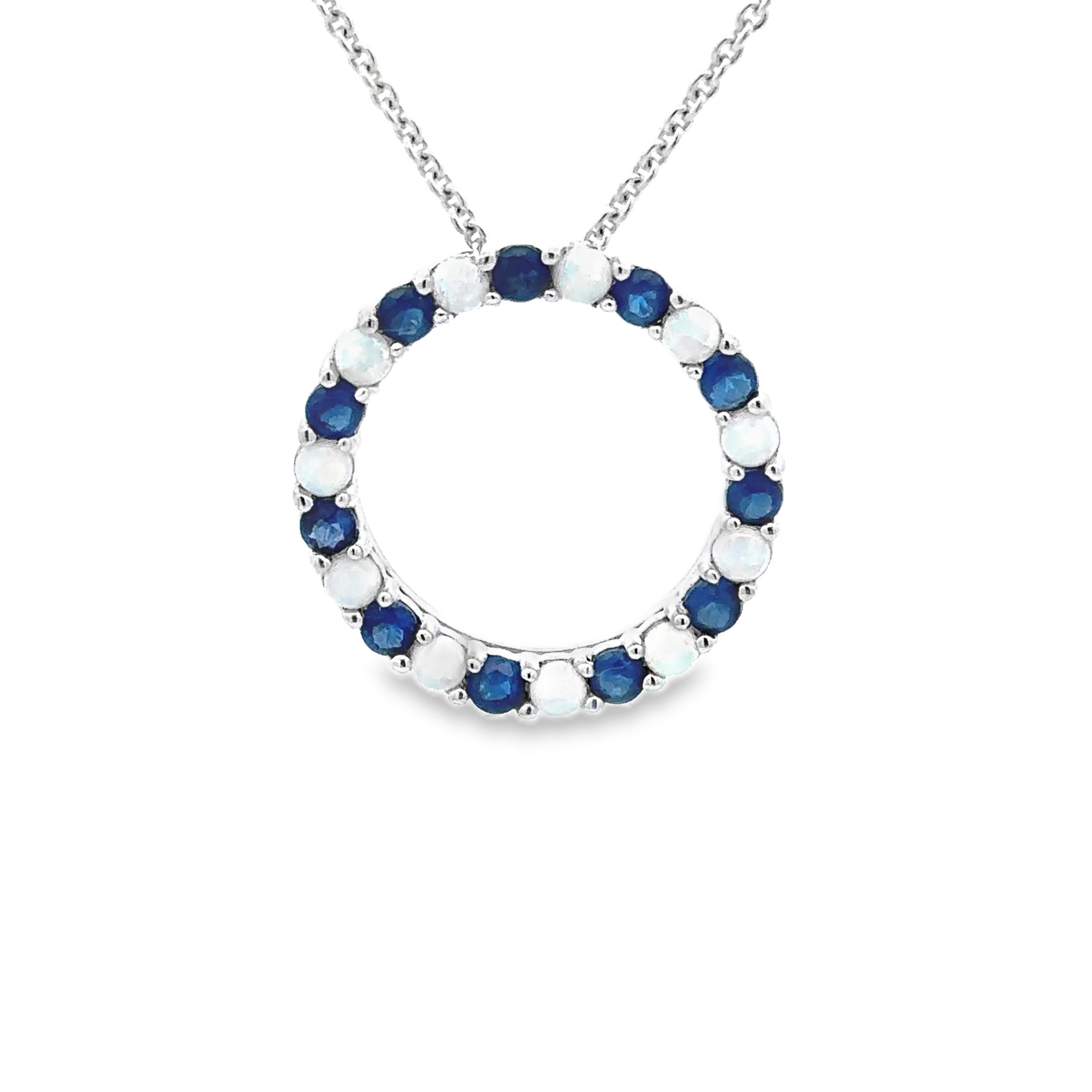 Sterling Silver Created Sapphire & Created Opal Open Circle Pendant Necklace