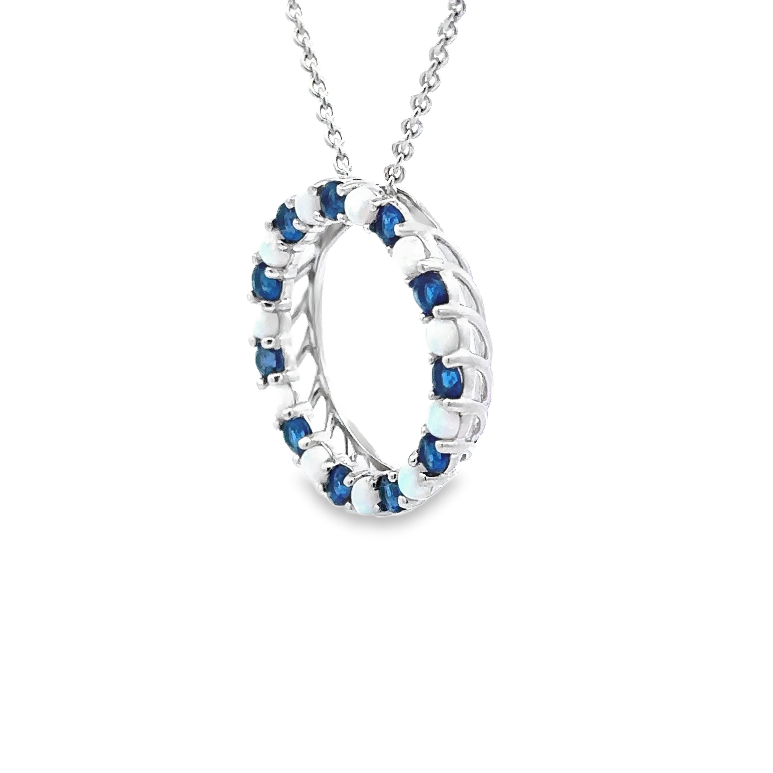 Sterling Silver Created Sapphire & Created Opal Open Circle Pendant Necklace